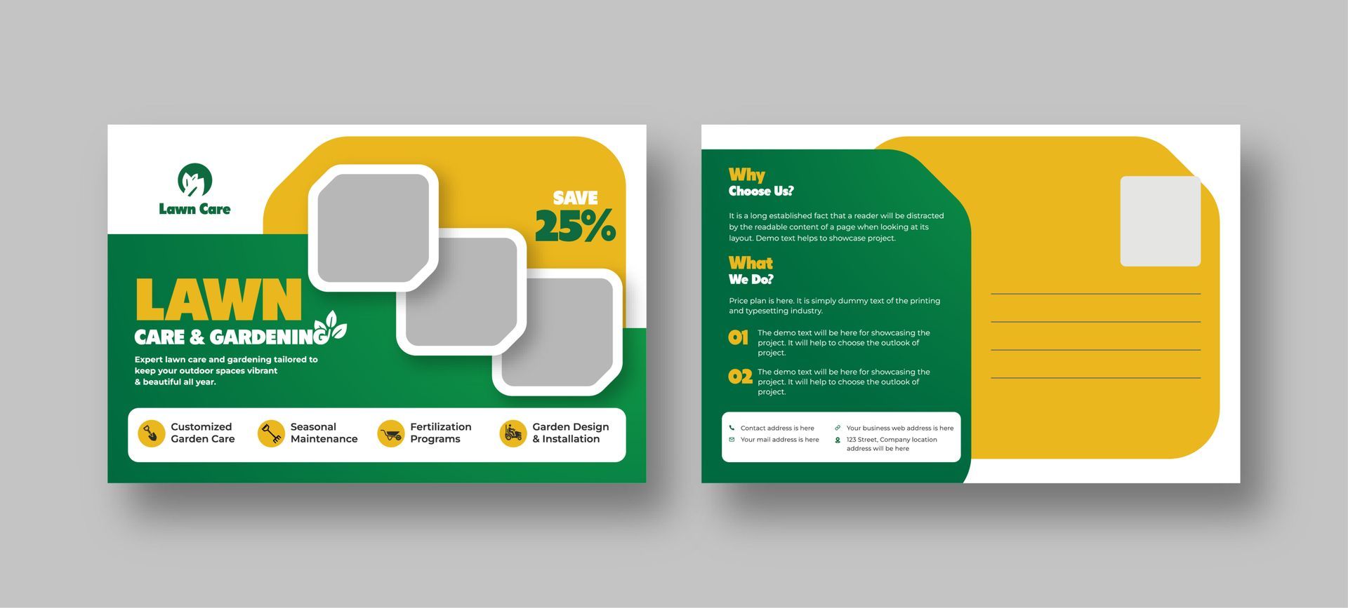 Lawn care postcard with green and yellow design, featuring a logo, photos, and services.