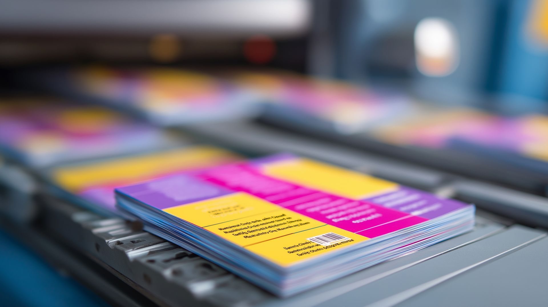Stack of colorful printed brochures or cards on a table, with yellow, pink, and blue covers.