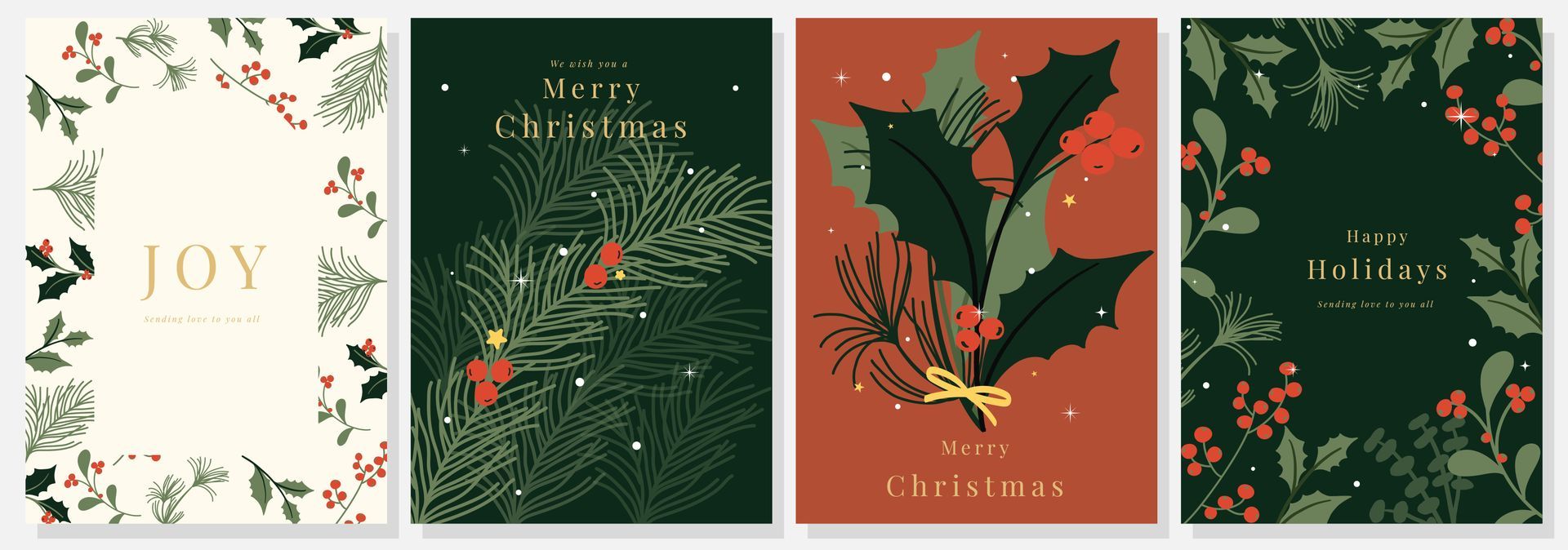 Four Christmas card designs with botanical illustrations and holiday greetings.