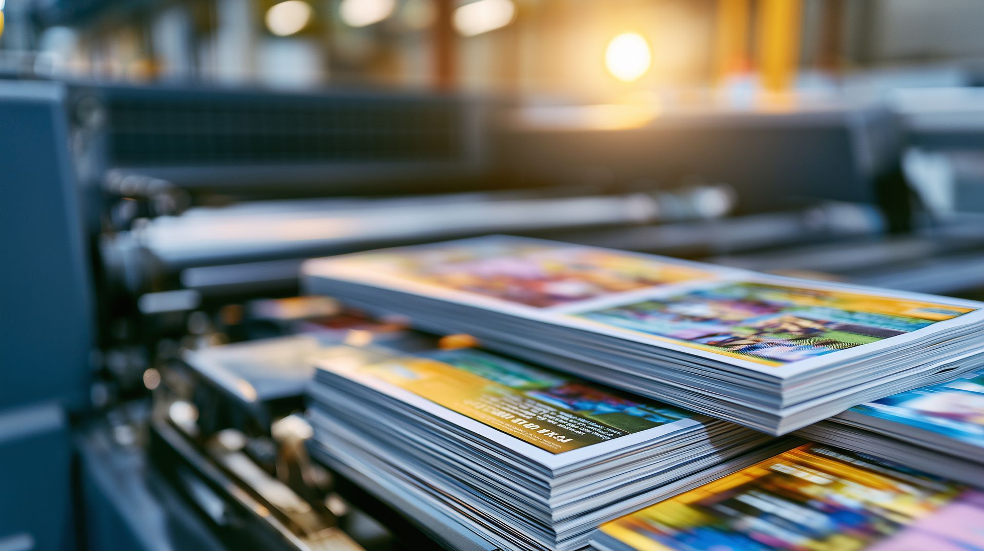 Stacks of colorful printed magazines on a printing press conveyor belt