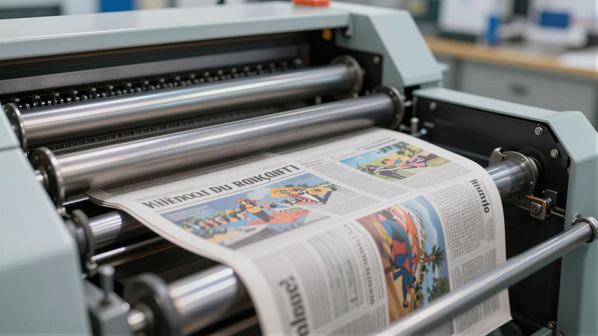 Printing press feeding a newspaper with colorful pages through metal rollers