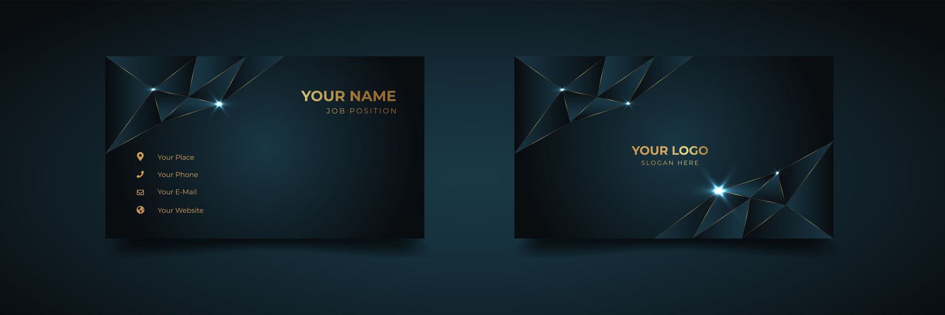 Business card design, dark blue with gold accents. Geometric shapes and contact information.