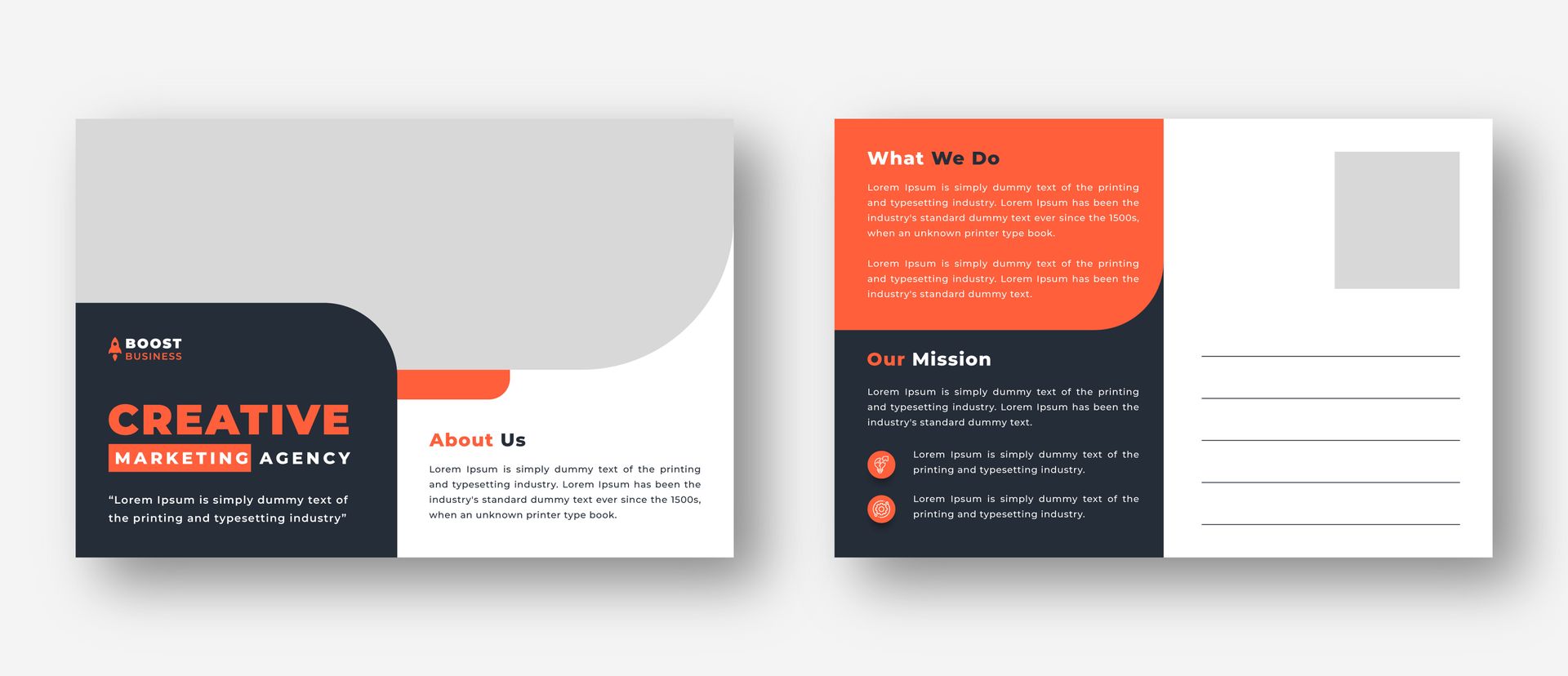 A postcard template for a creative marketing agency with a dark blue and orange color scheme and placeholder text.