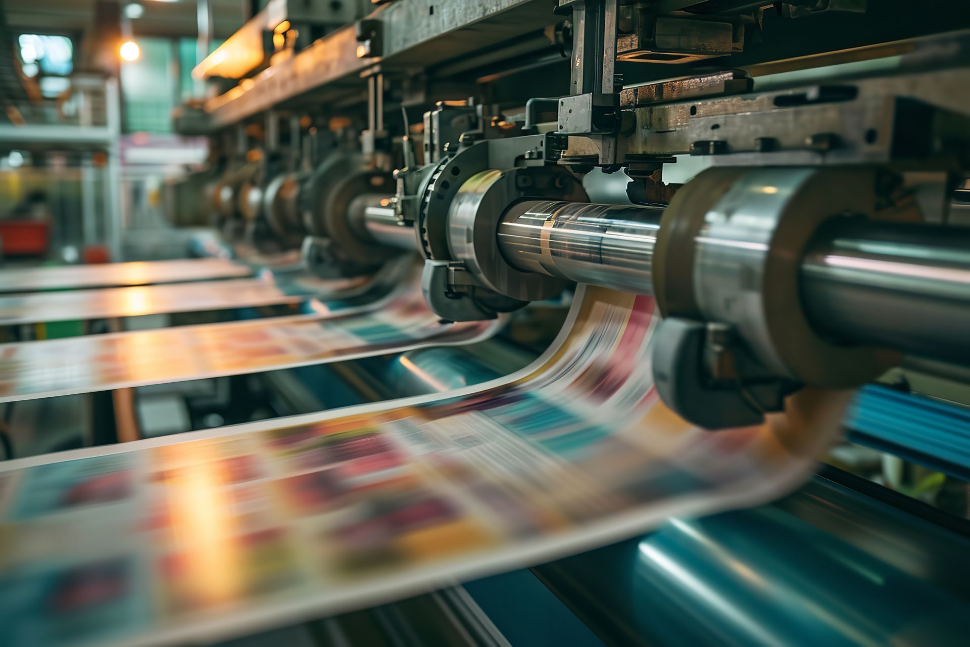 Printing press producing colorful sheets on a factory line