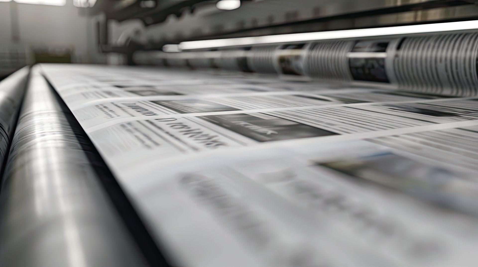 Close-up of a newspaper being printed on a press, with blurred pages moving through rollers