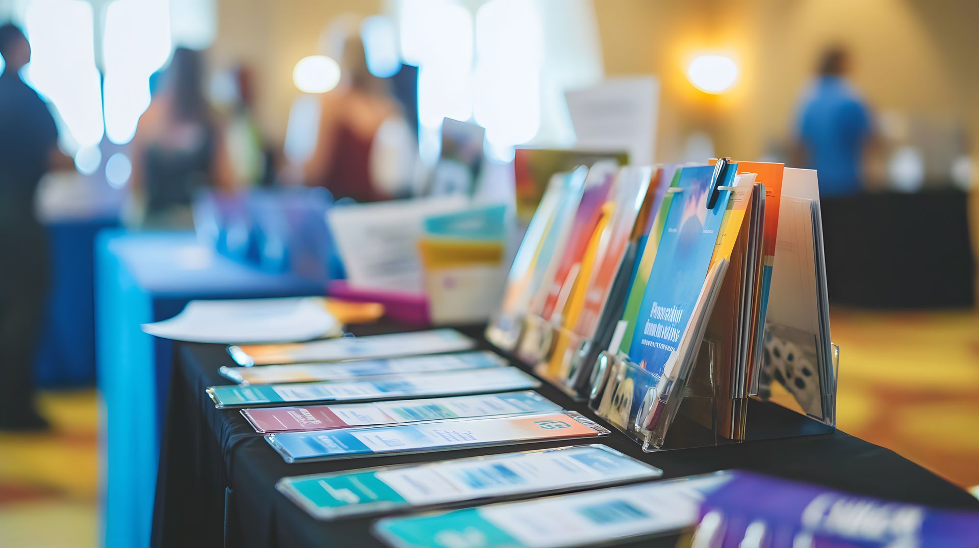 Table with promotional materials in a brightly lit exhibition hall, colorful background, people blurred in the background. Table with promotional materials in a brightly lit exhibition hall, colorful background, people blurred in the background.