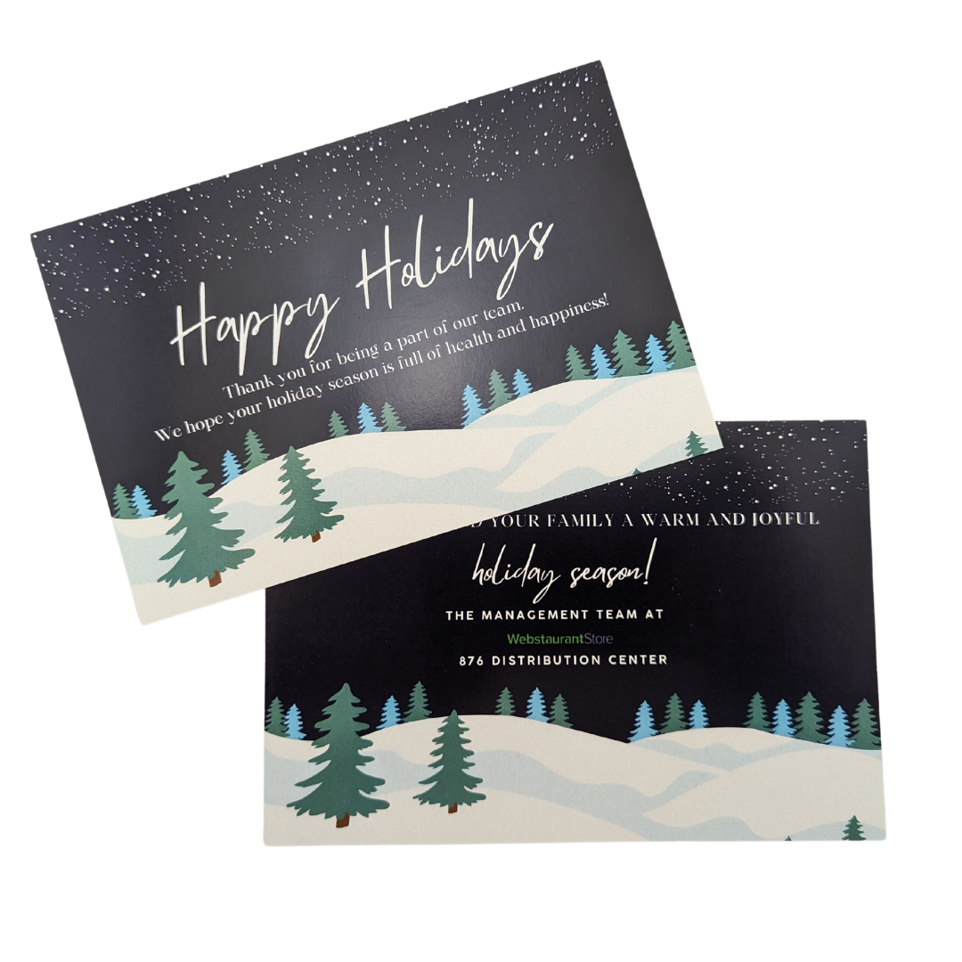Two christmas cards with trees on them and the words `` happy holidays ''