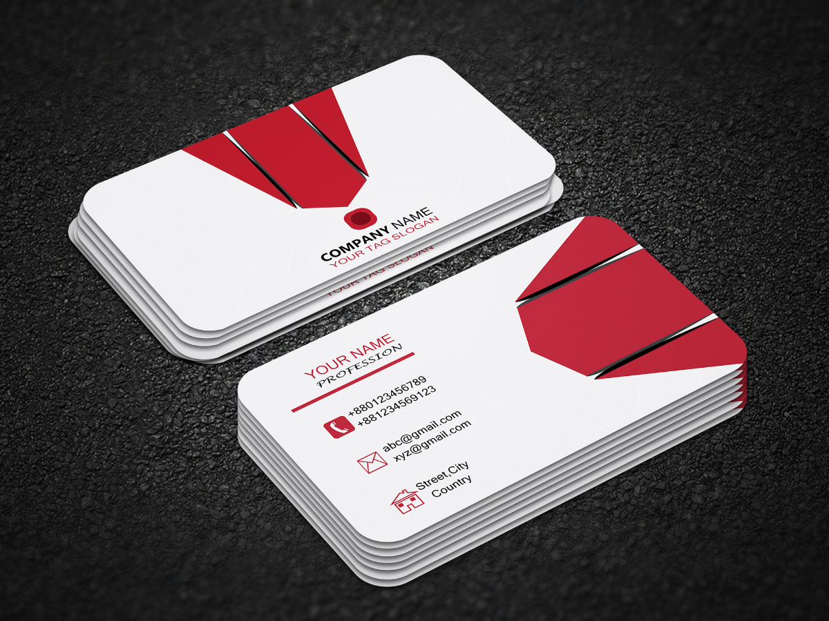 Business cards, stacked. White with red design. Contact information and company logo.