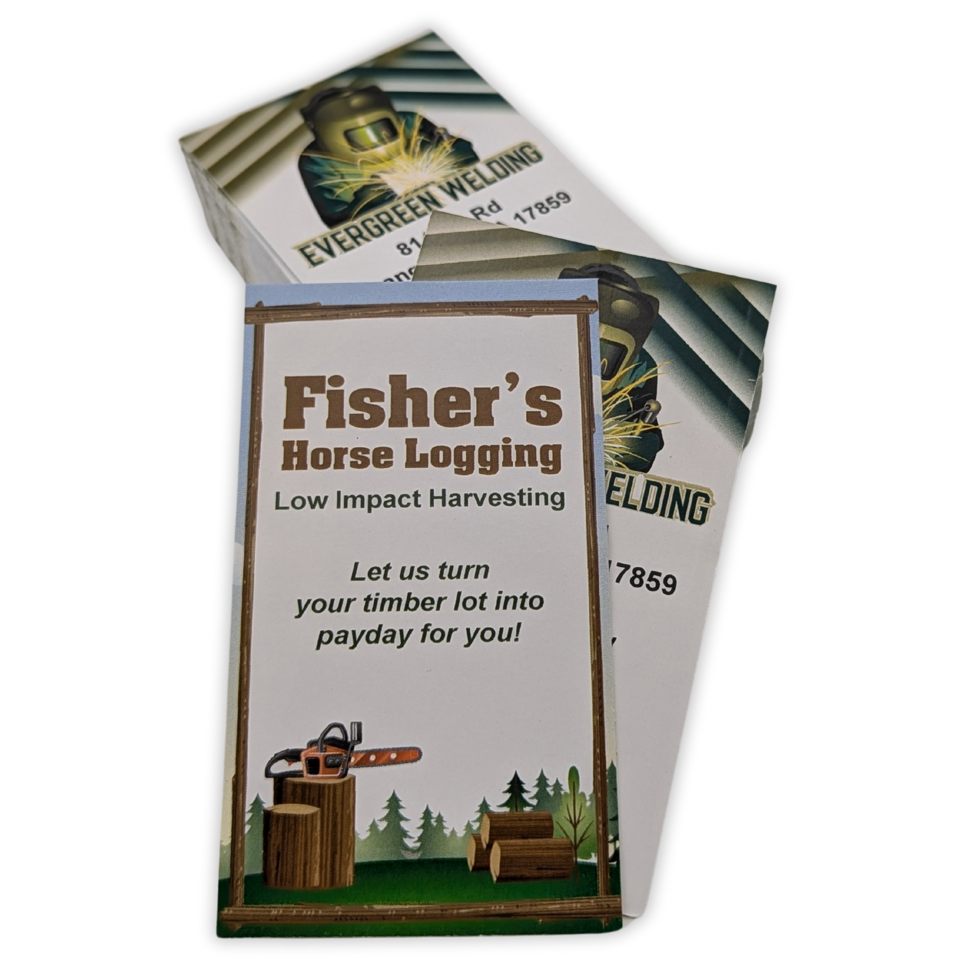 A business card for fisher 's horse logging low impact harvesting by press enterprise commercial printing