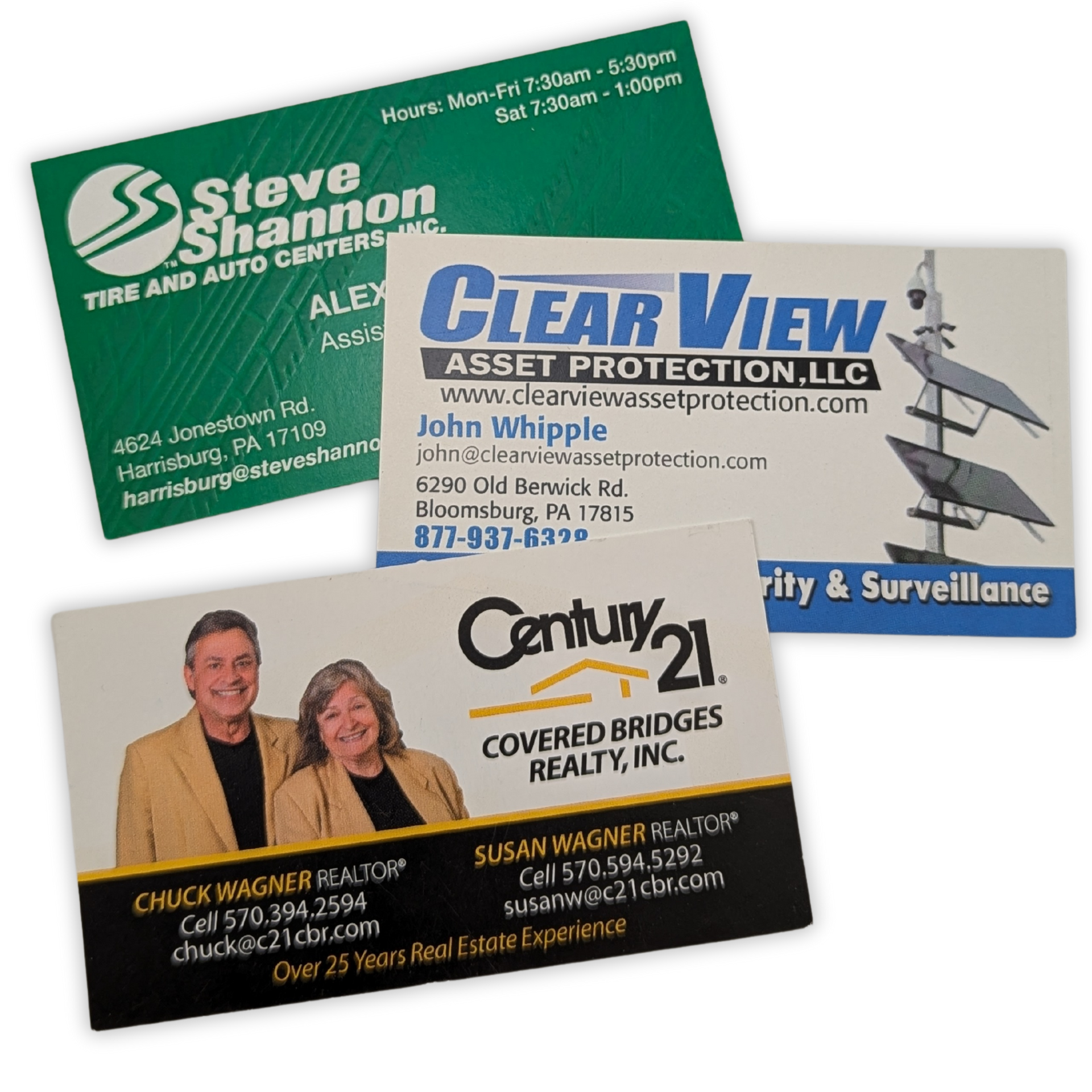 Three business cards are stacked on top of each other including one for century 21 by press enterprise commercial printing