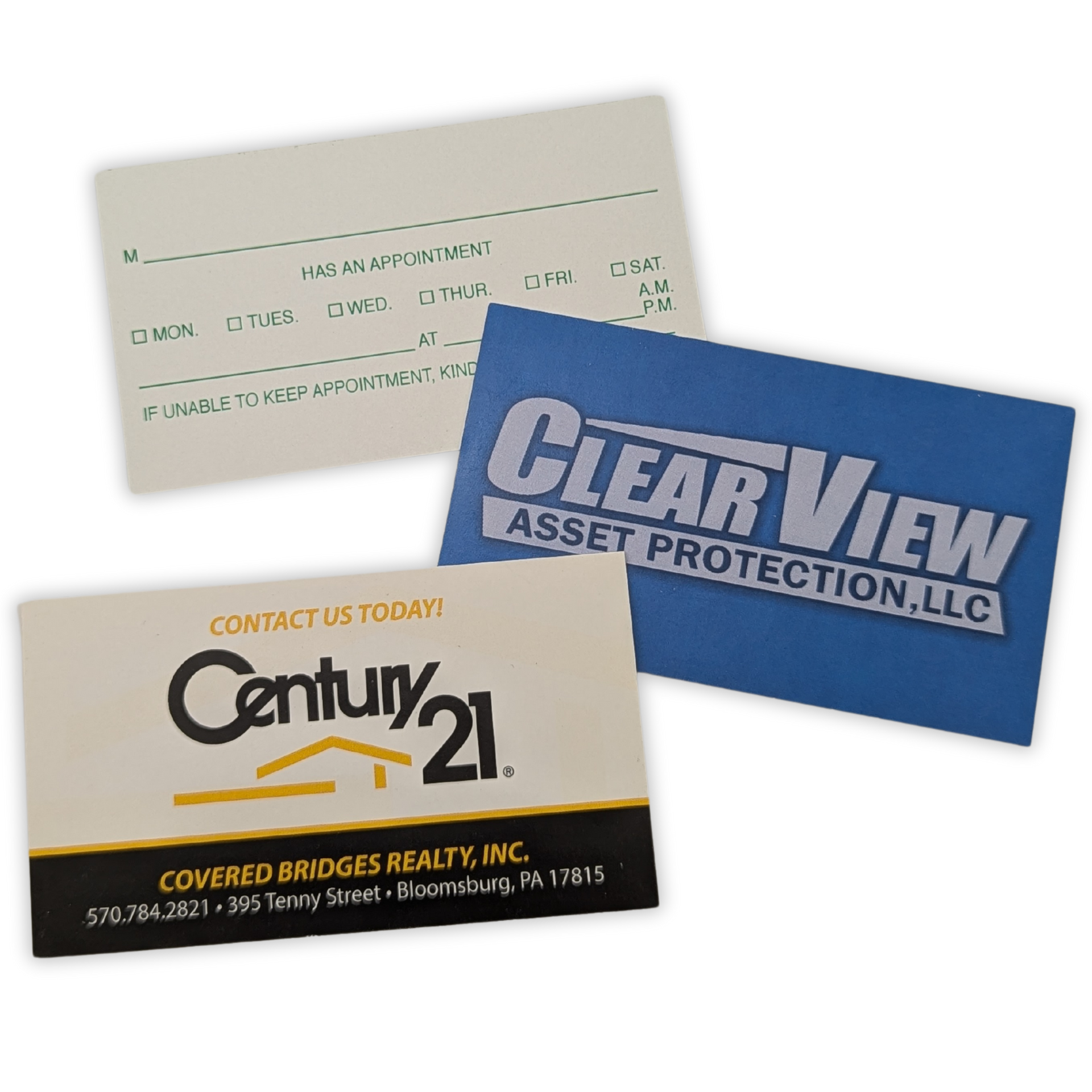 Three business cards for century 21 clear view and covered bridges realty by press enterprise commercial printing