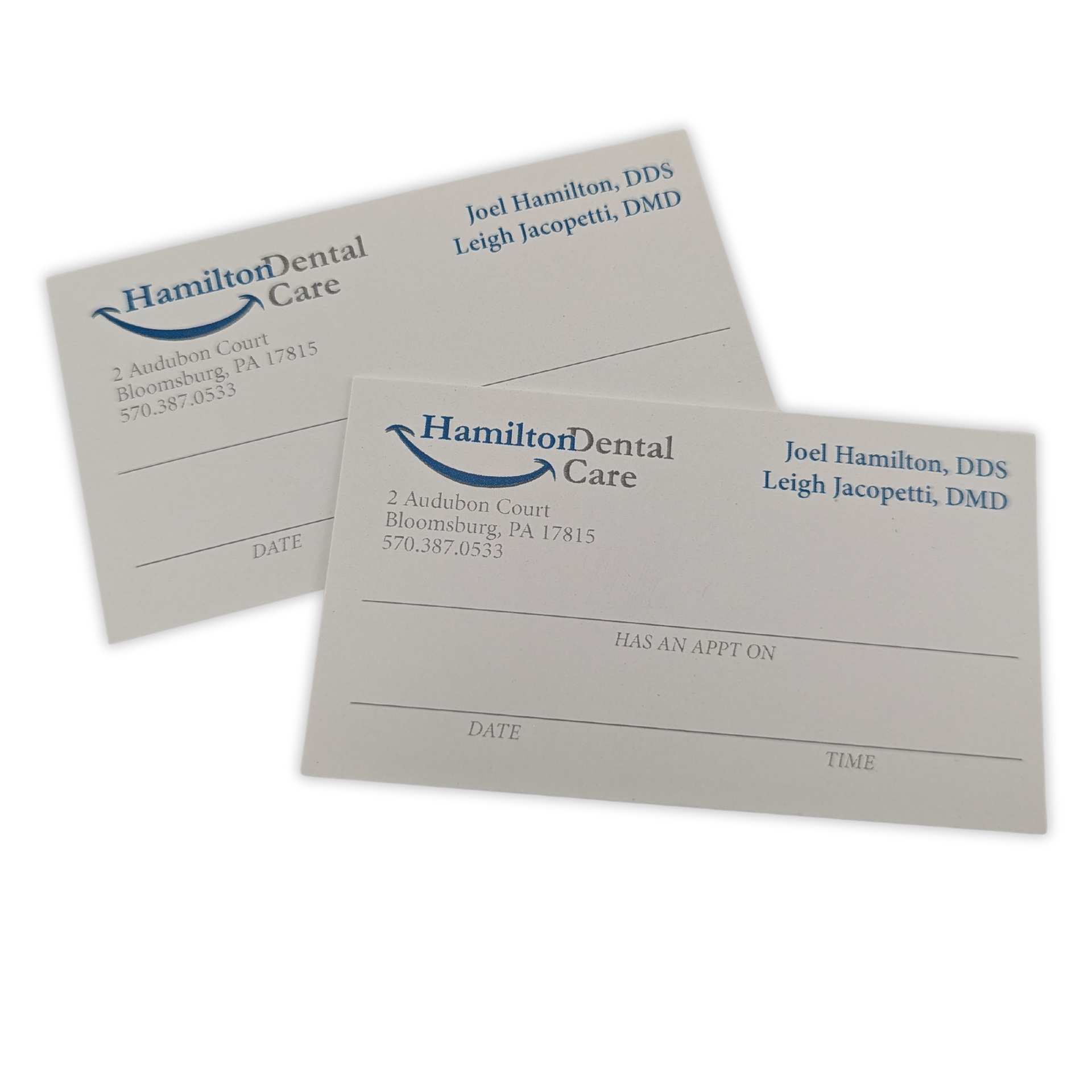 Three business cards for hamilton dental care by Press Enterprise Commercial Printing