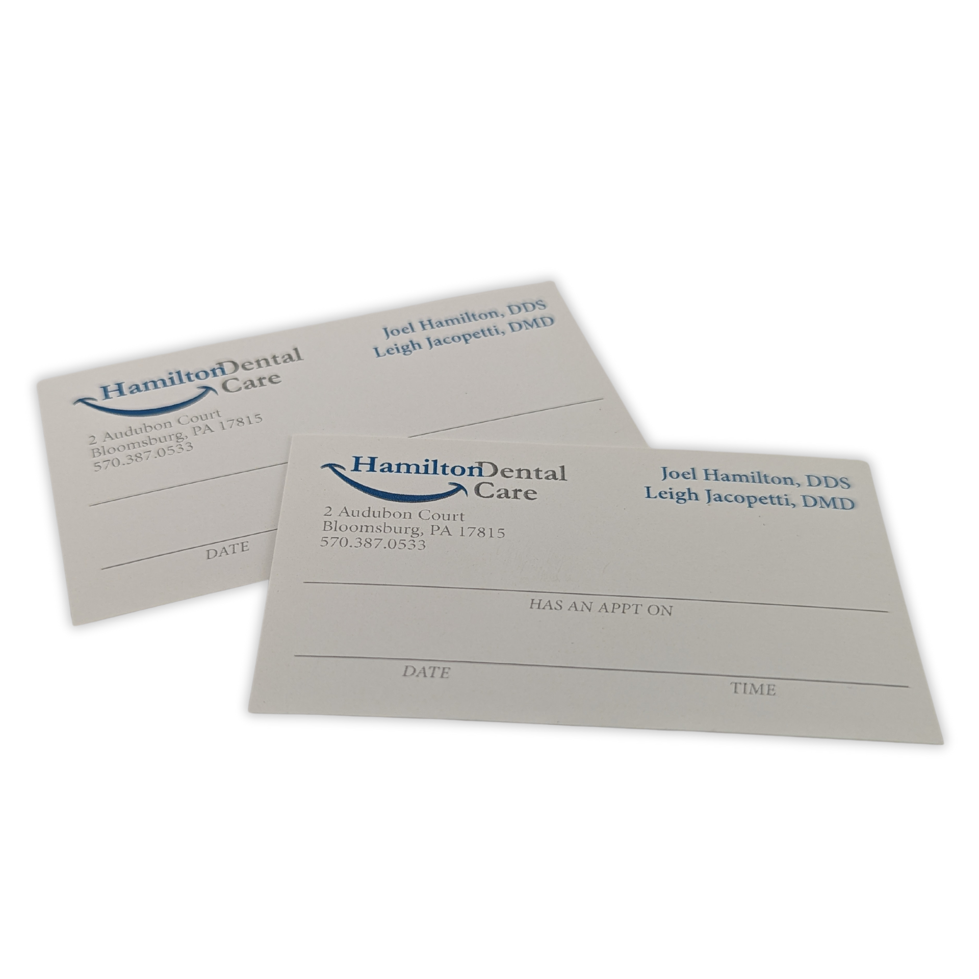 A couple of business cards for hamilton dental care by Press Enterprise Commercial Printing