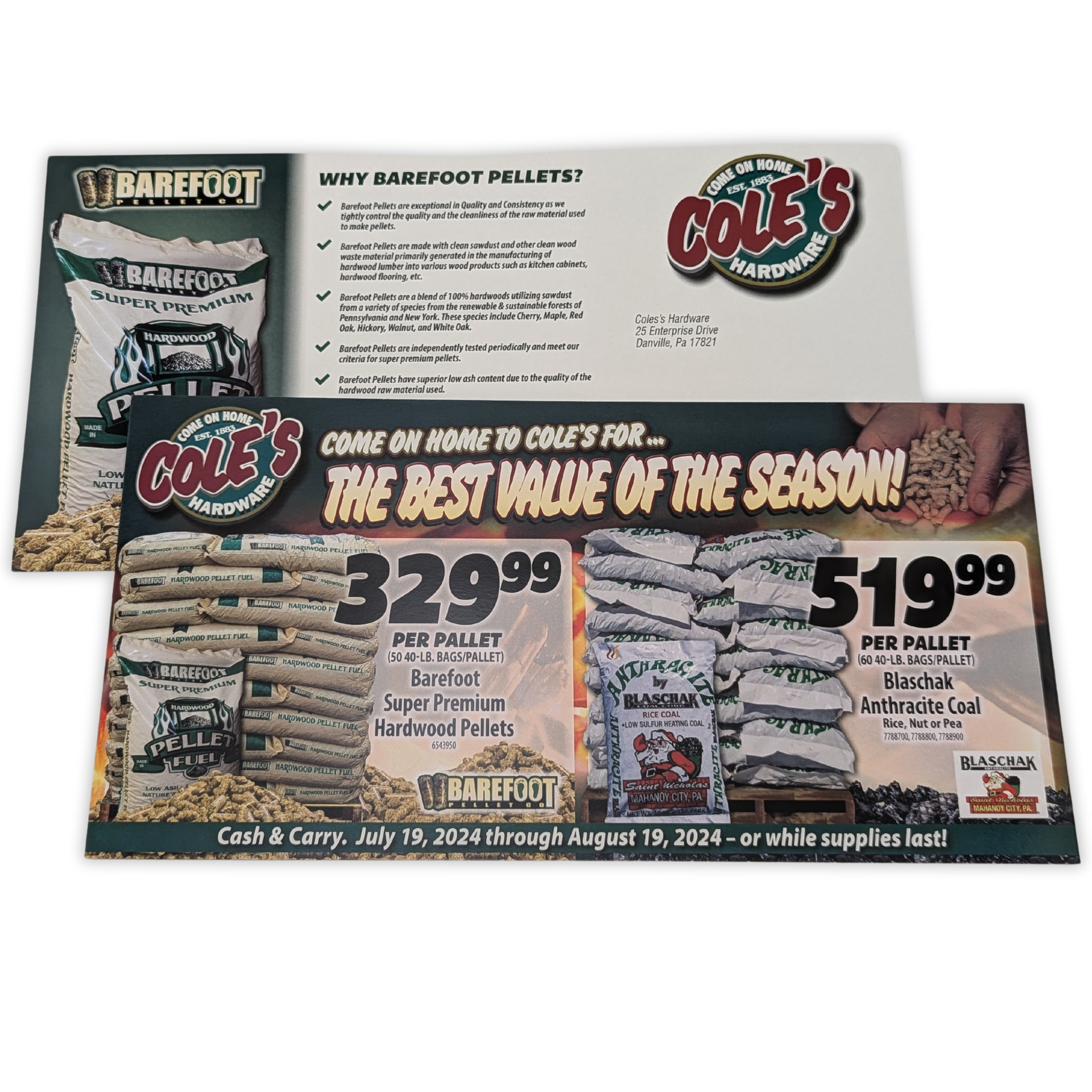A flyer for cole 's barefoot pellets advertising the best value of the season by Press Enterprise Commercial Printing