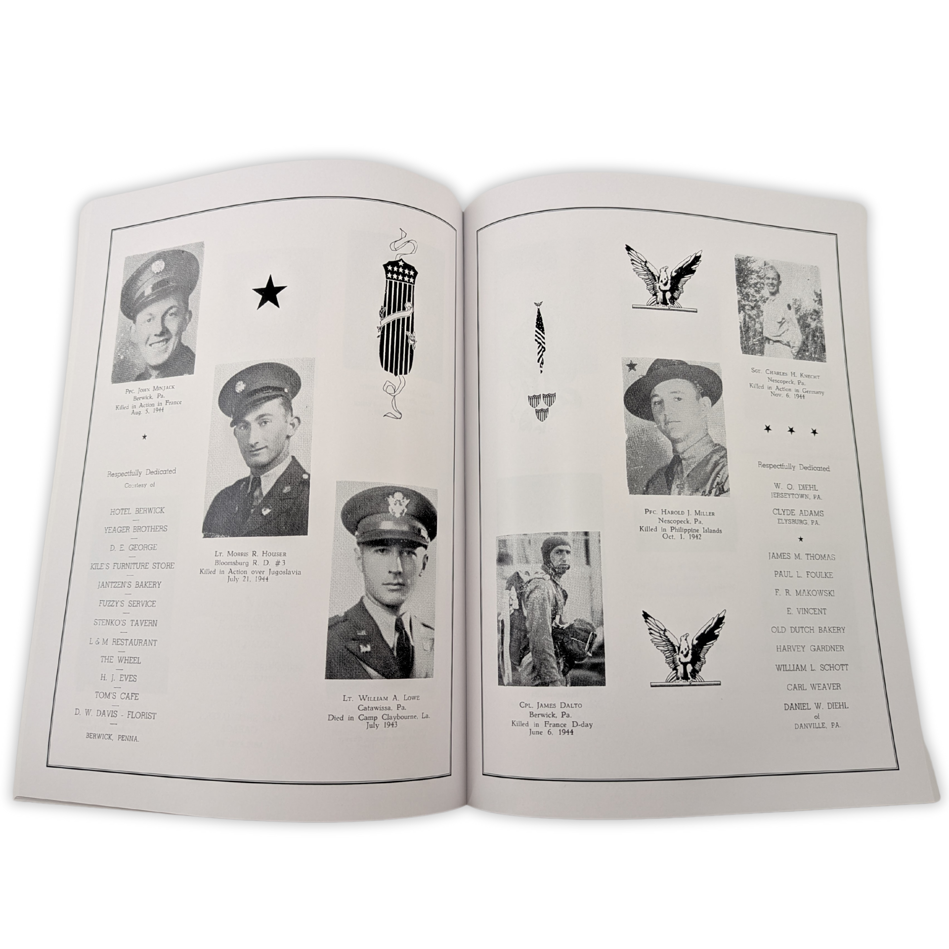 A book is open to a page with pictures of men in military uniforms by press enterprise commercial printing