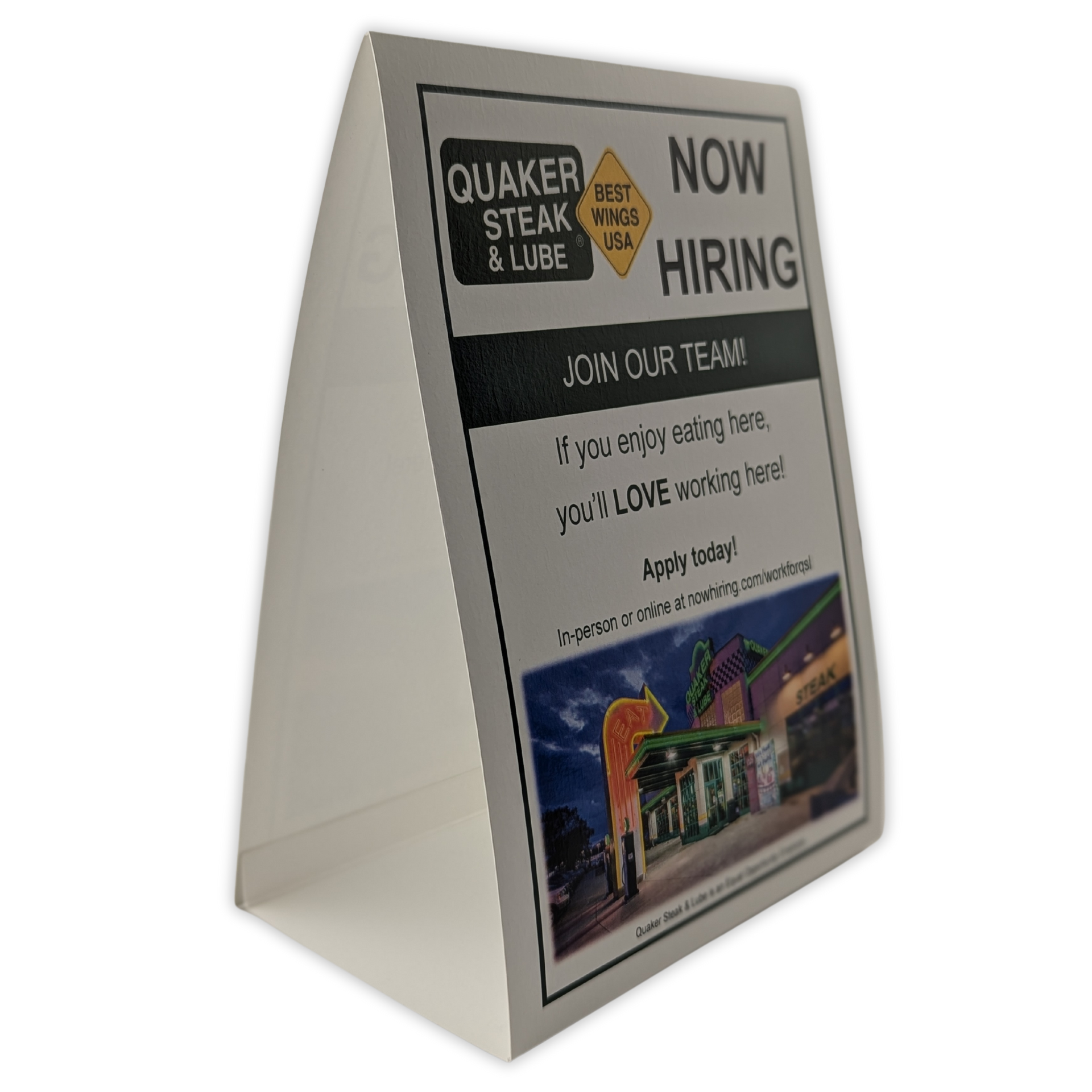 A quaker steak and lube sign that is now hiring by Press Enterprise Commercial Printing