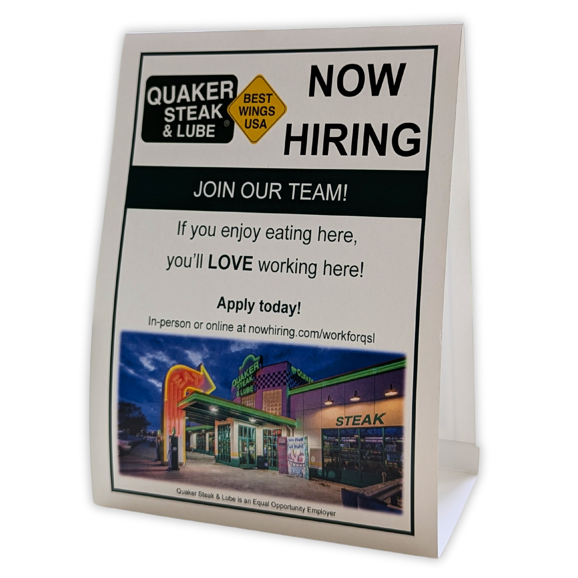 A sign that says now hiring on it by Press Enterprise Commercial Printing