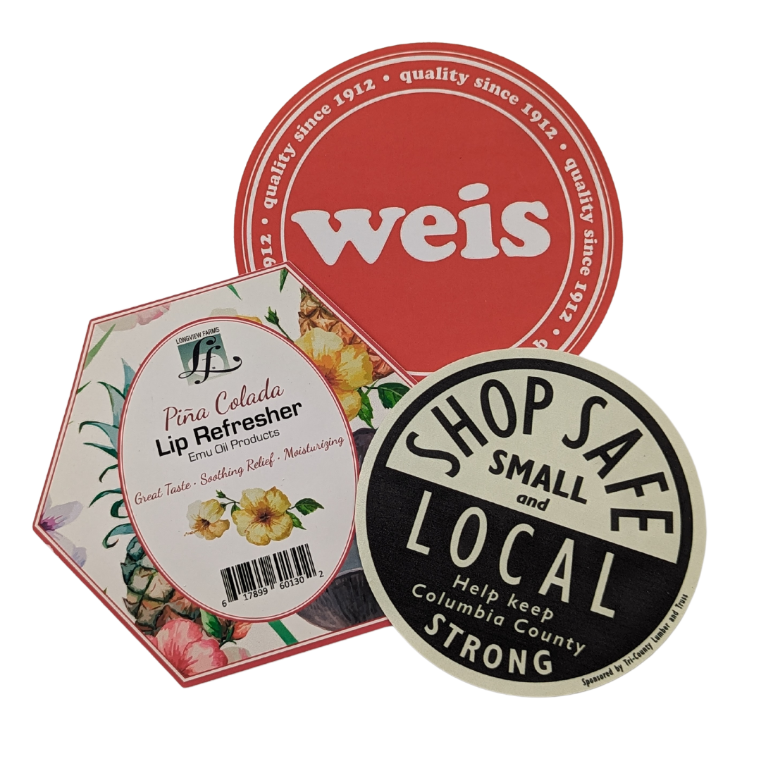 A group of stickers including one that says shop safe local