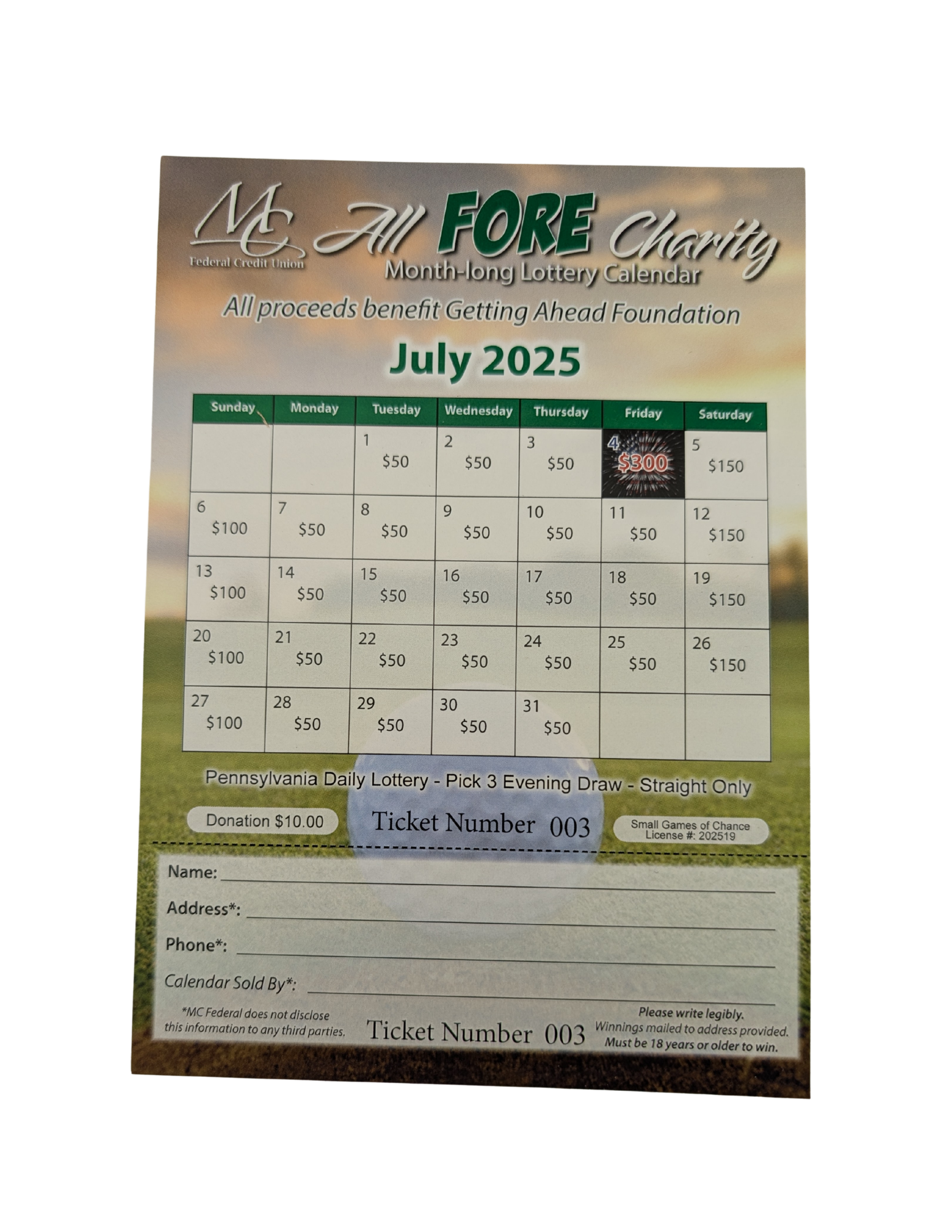 July 2025 calendar for MJ Fore Charity. Shows calendar grid with ticket number 667 and sponsor information.