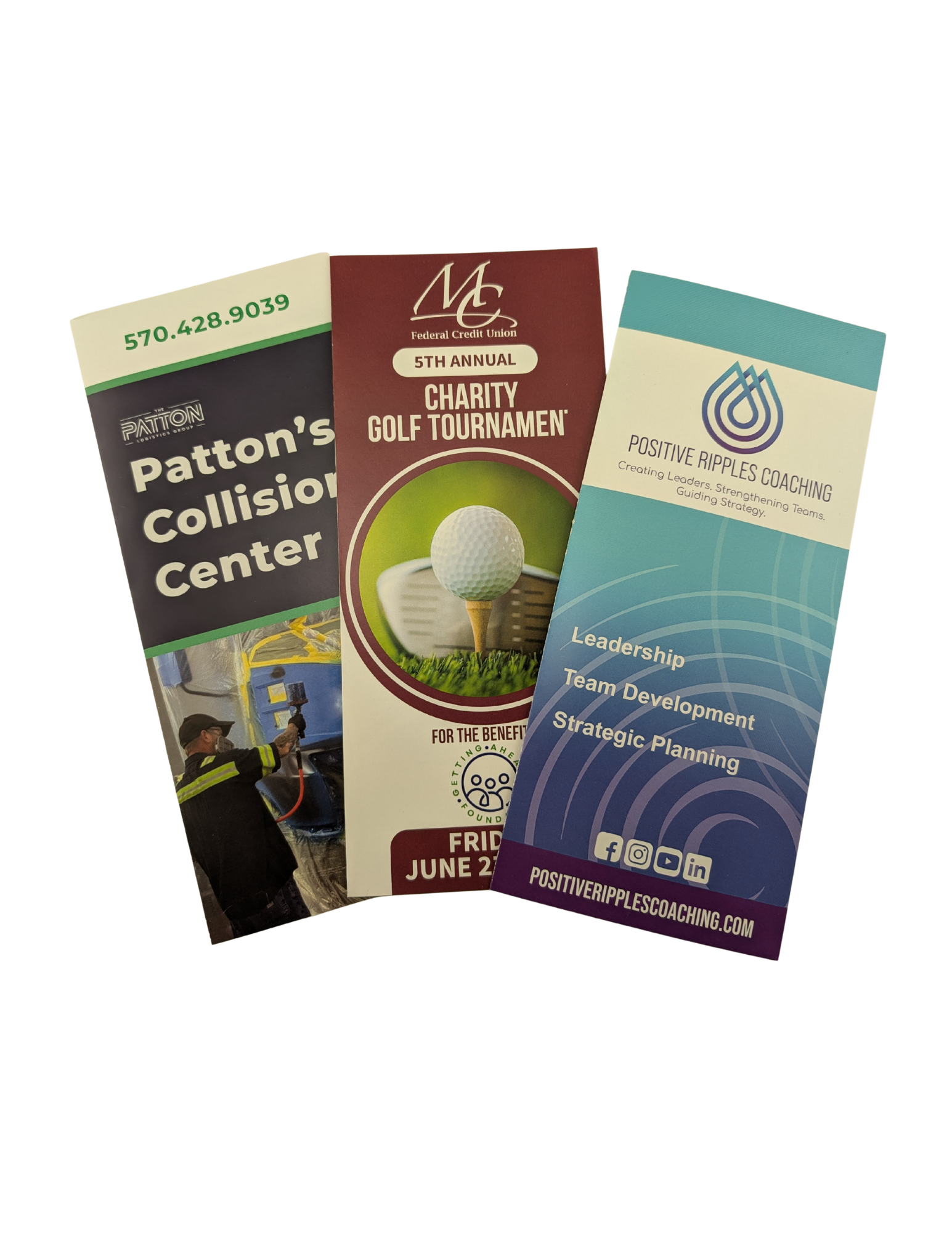 Three tri-fold brochures: Patton's Collision Center, charity golf tournament, and water services information.