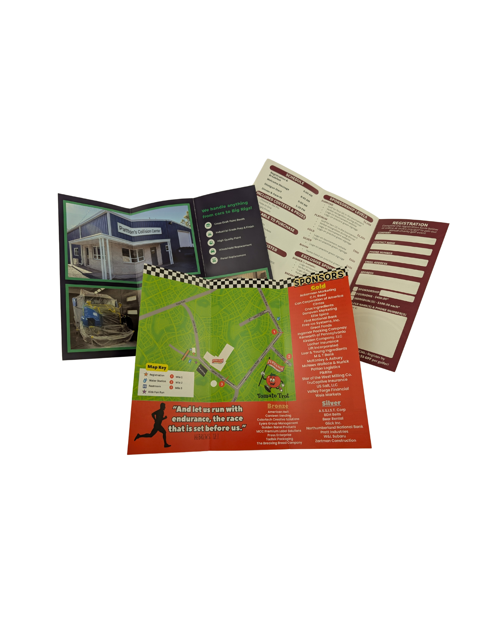 Brochures unfolded, showing a map, building photos, and text. Various colors, including green and red.