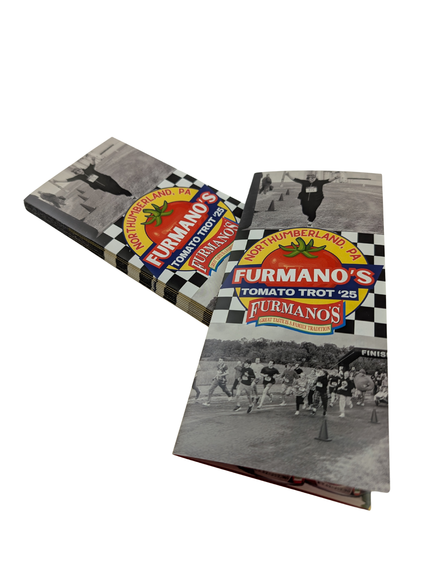Two open booklets; Furmano's Tomato Trot 36, a black & white photo with a race scene, and a tomato label.