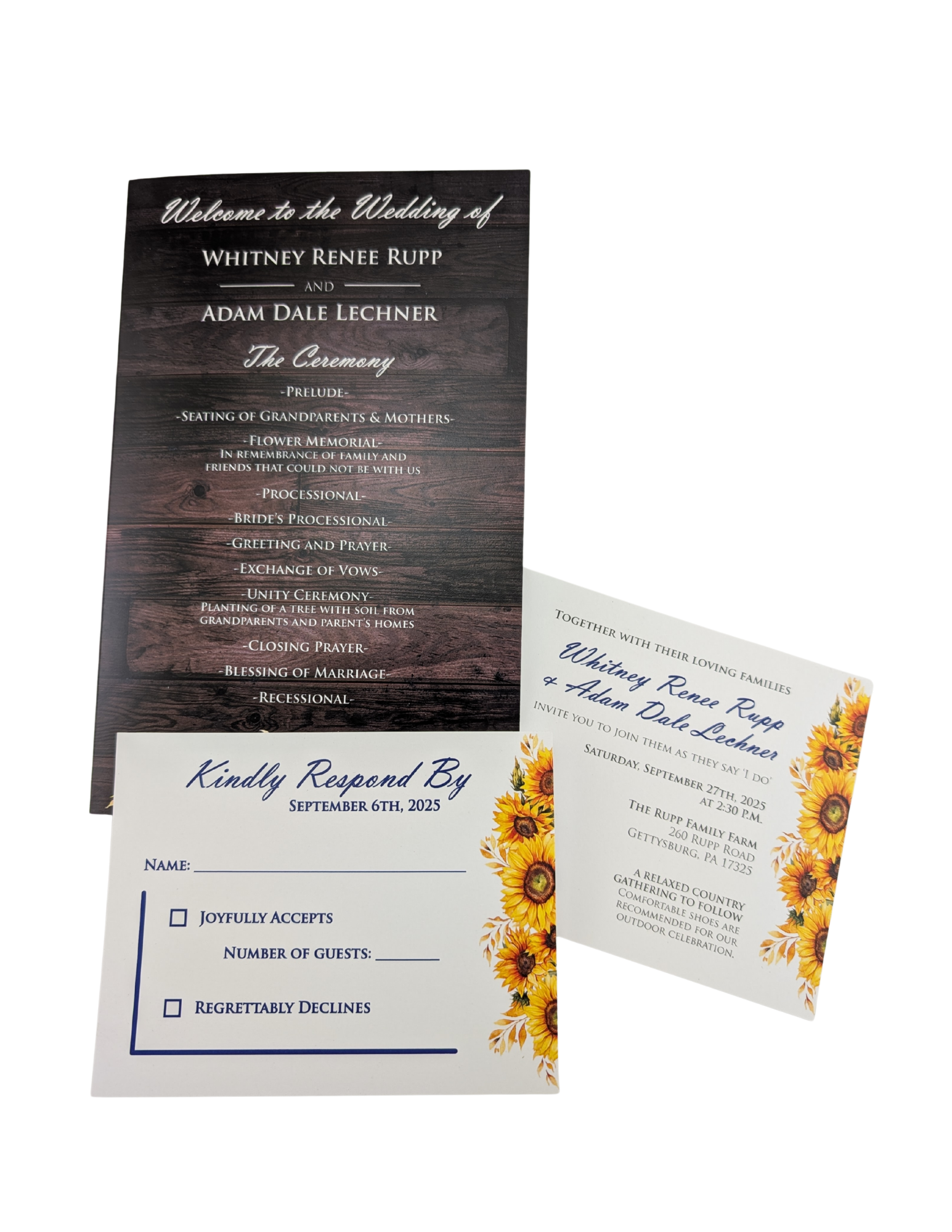 Wedding programs and response cards: wood grain and sunflower-themed.