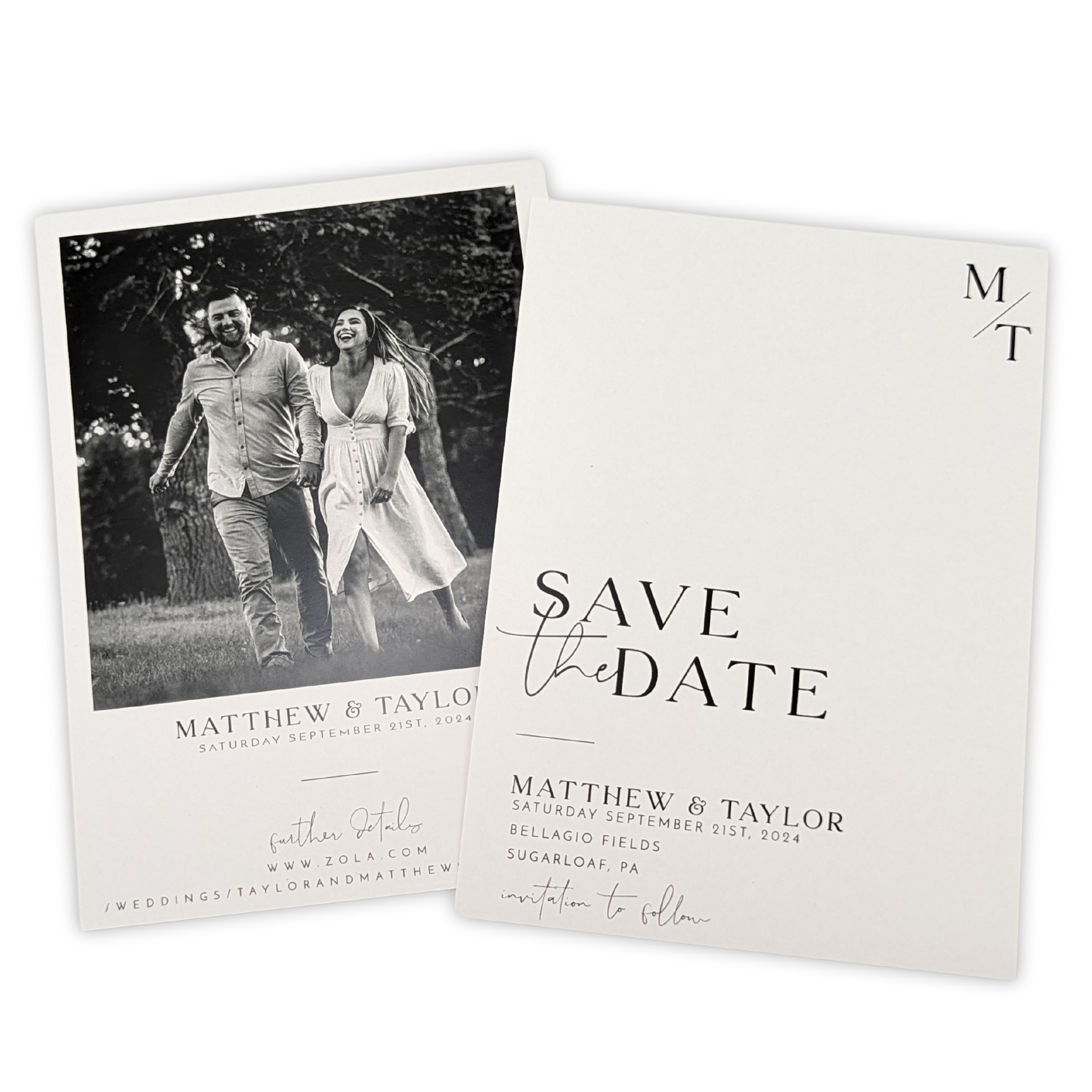 A couple of save the date cards with a picture of a man and woman walking by press enterprise commercial printing