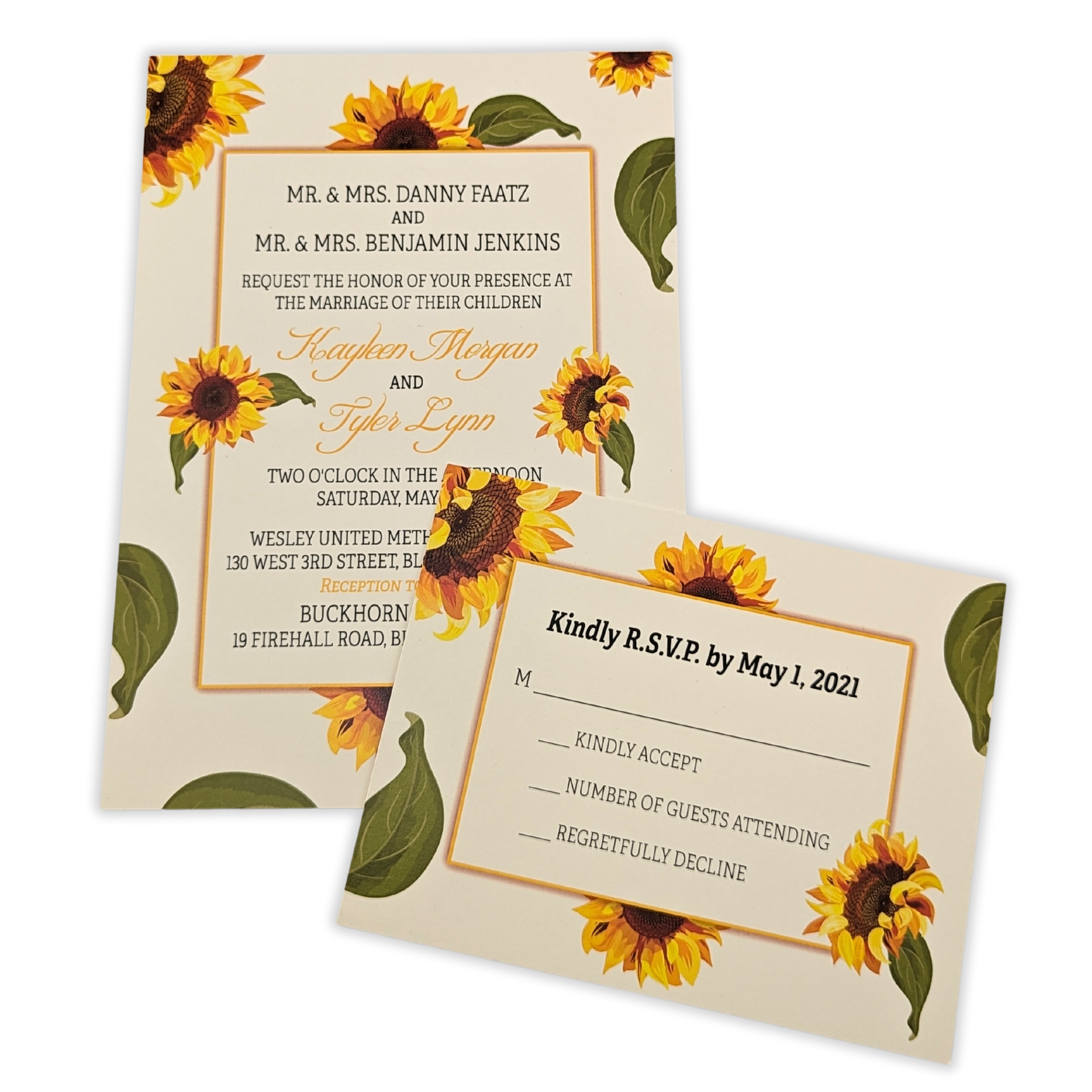 A wedding invitation with sunflowers and leaves on it by press enterprise commercial printing