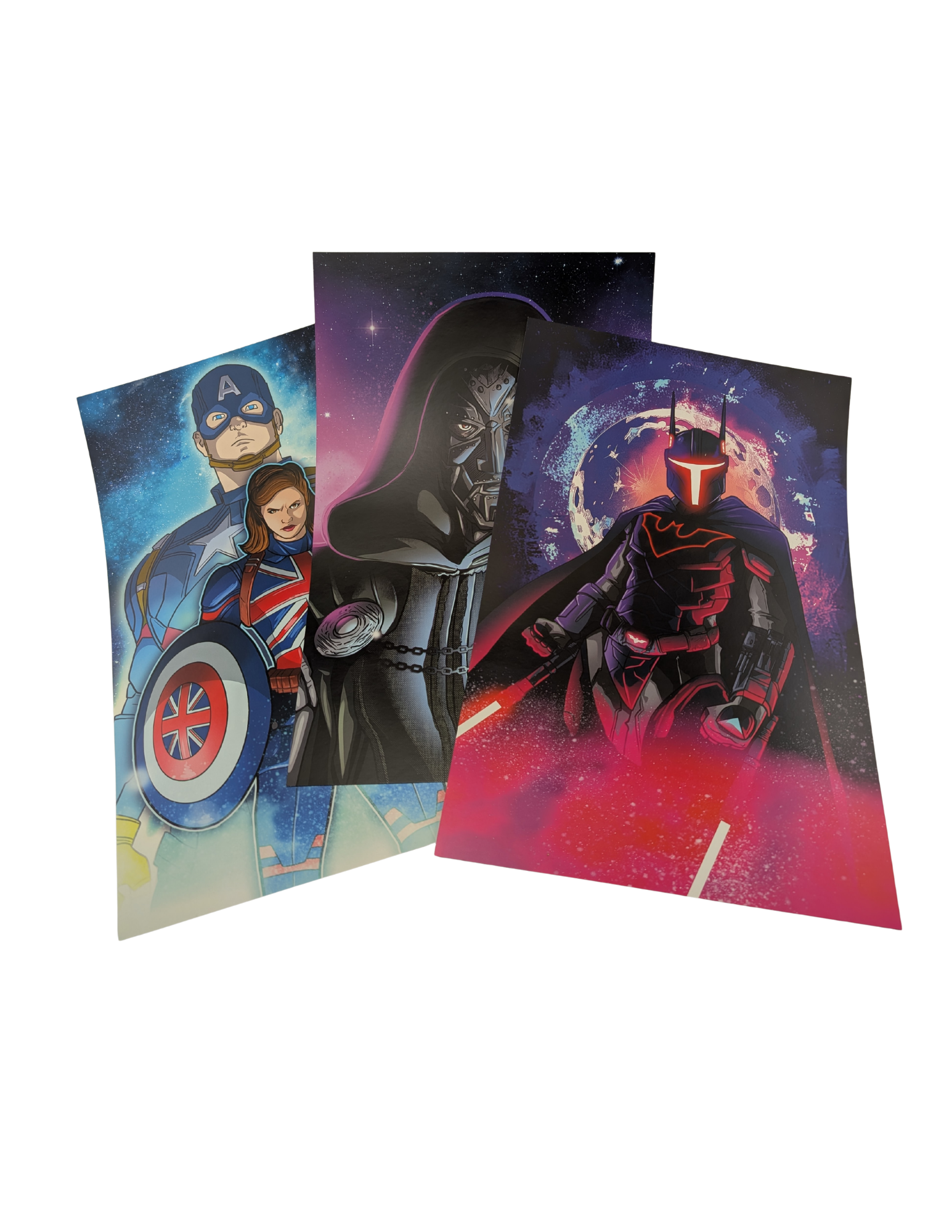 Three comic art prints: Captain America with Union Jack, Darth Maul, and the Mandalorian.