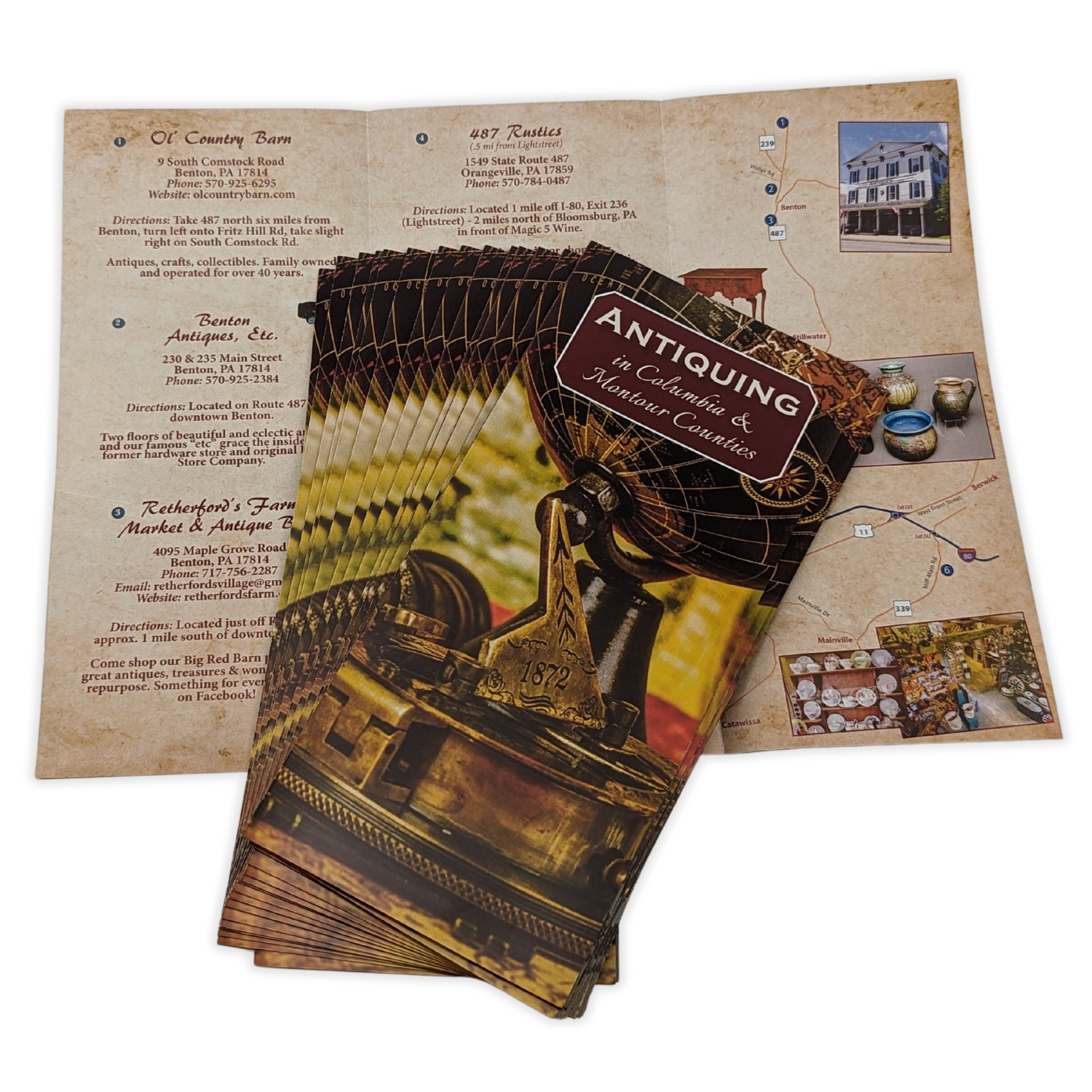 A pamphlet titled antiquing sits on a table by Press Enterprise Commercial Printing