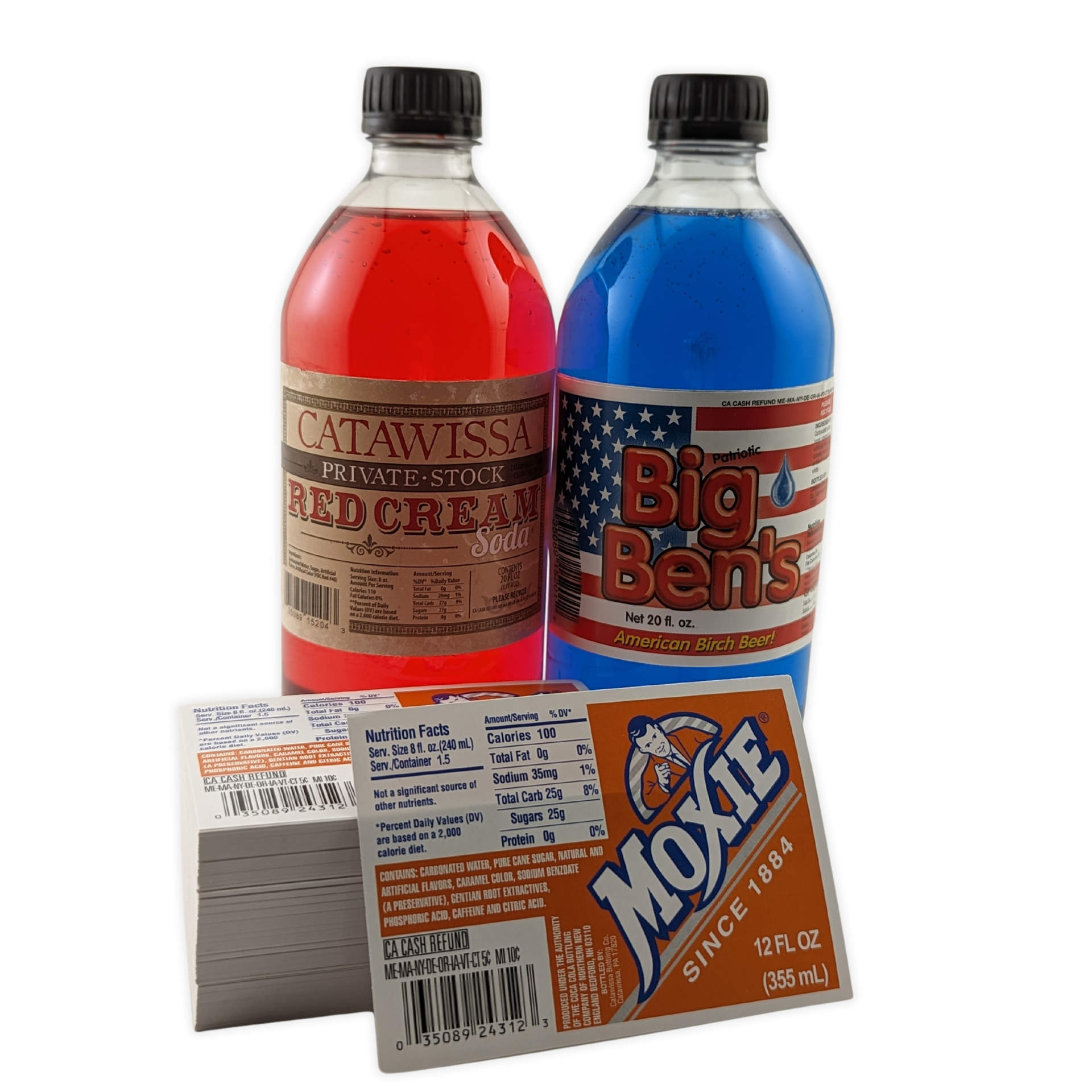 Two bottles of soda including moxie and big ben 's by Press Enterprise Commercial Printing