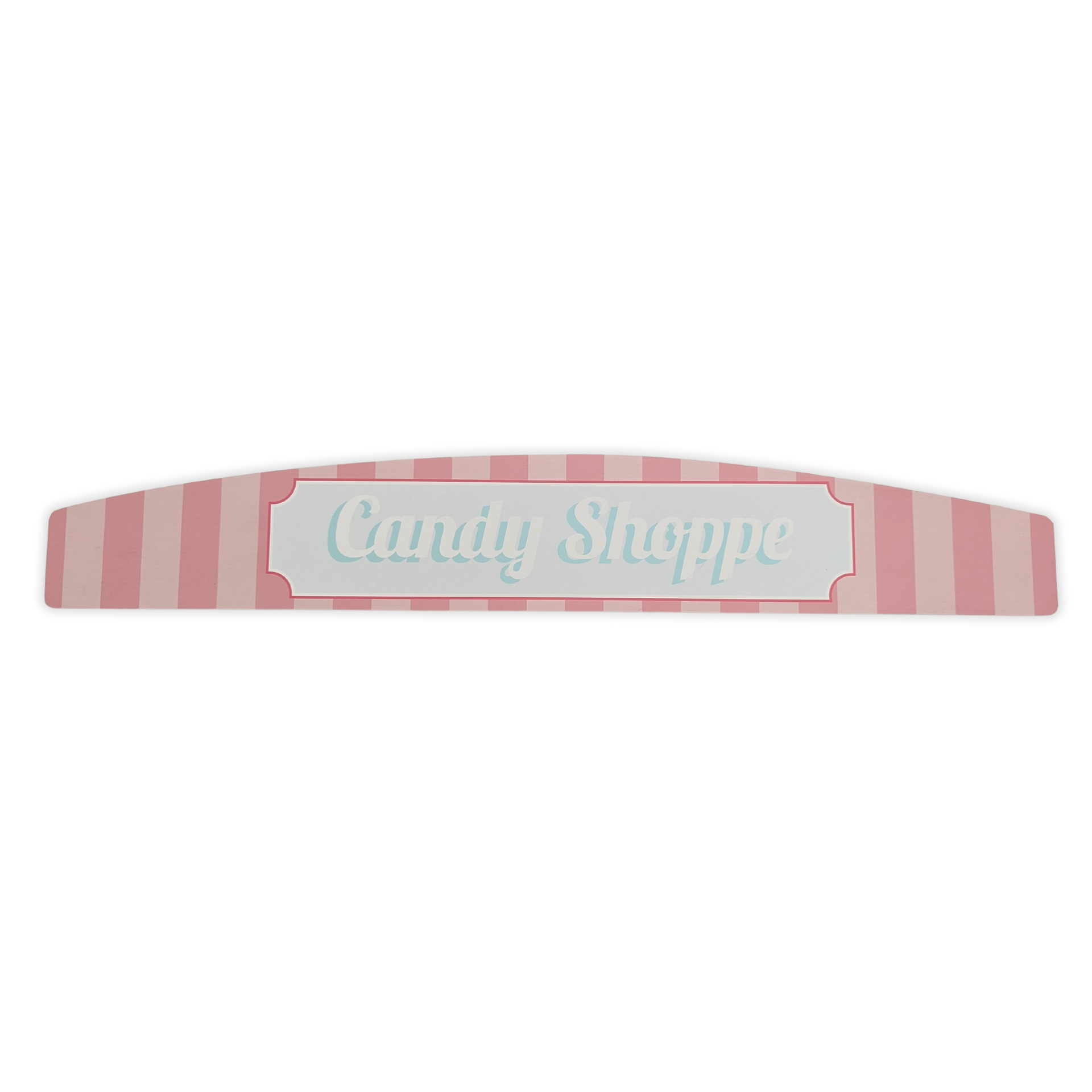 A pink and white striped sign that says candy shoppe by Press Enterprise Commercial Printing