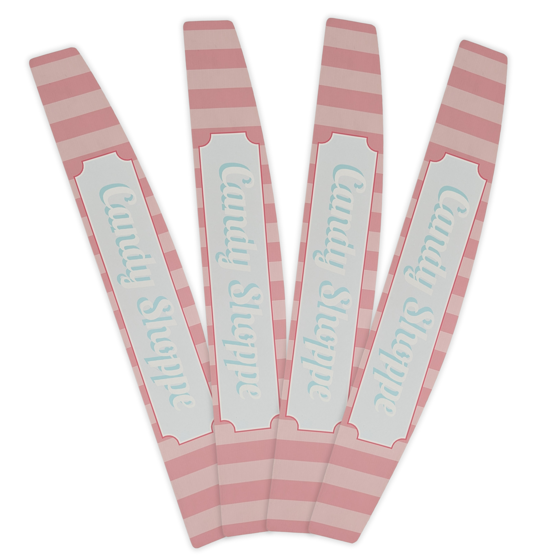 Four candy shoppe labels are stacked on top of each other by Press Enterprise Commercial Printing