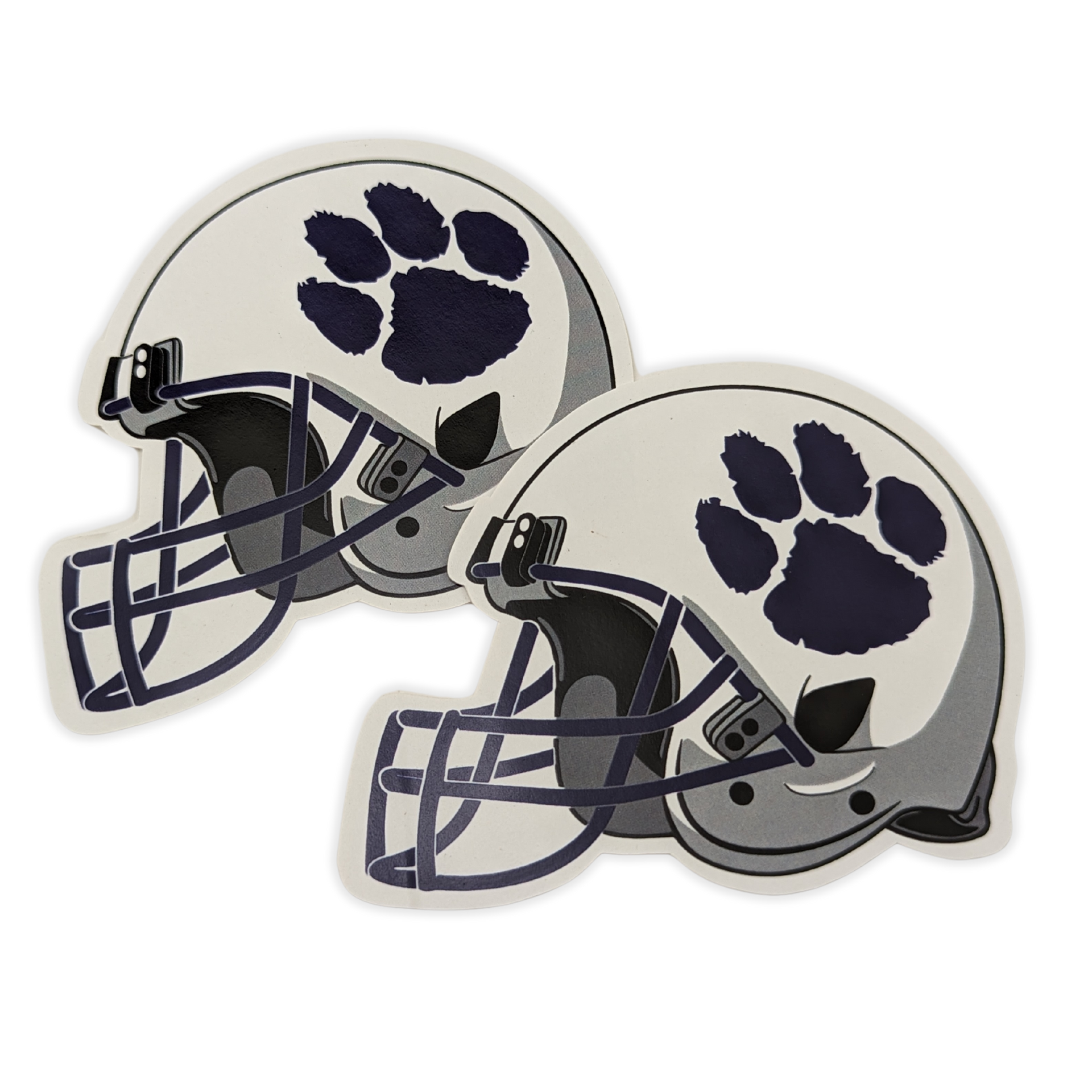 Two football helmets with paw prints on them on a white background by press enterprise commercial printing