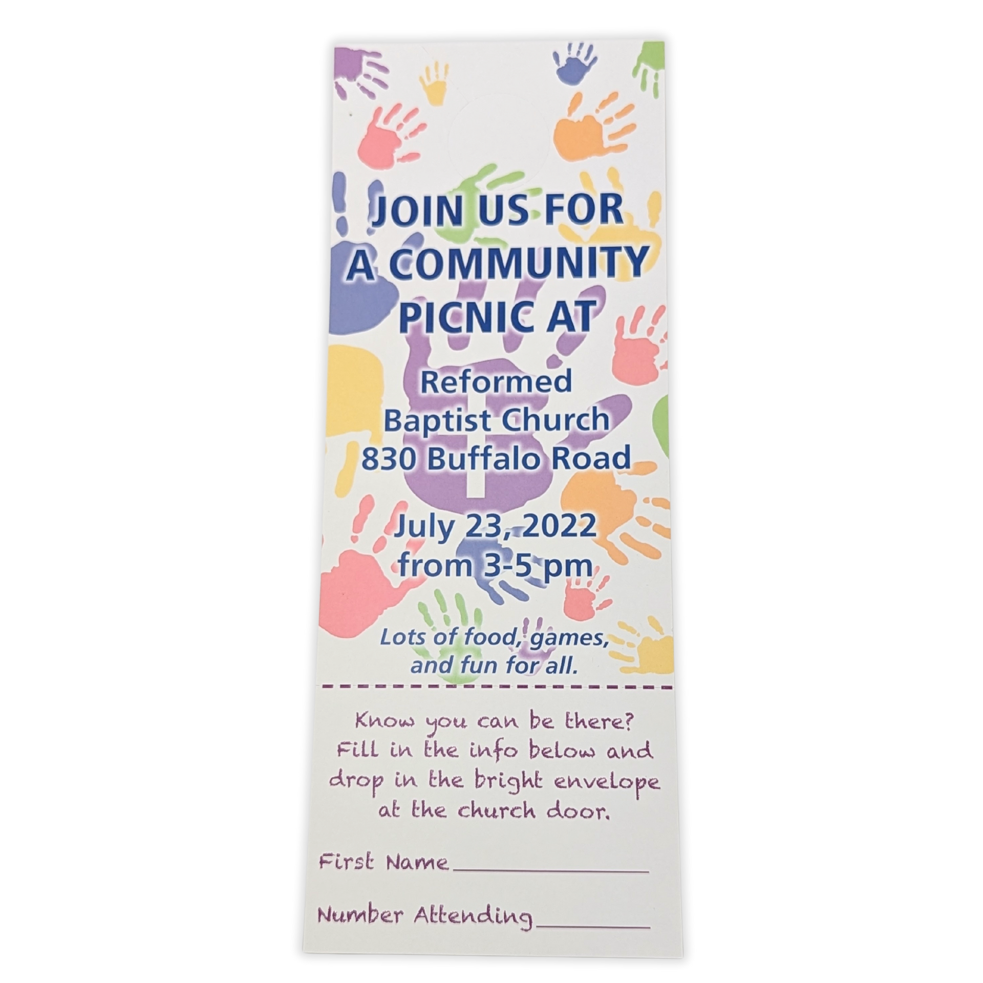 A pamphlet that says join us for a community picnic at reformed baptist church by Press Enterprise Commercial Printing