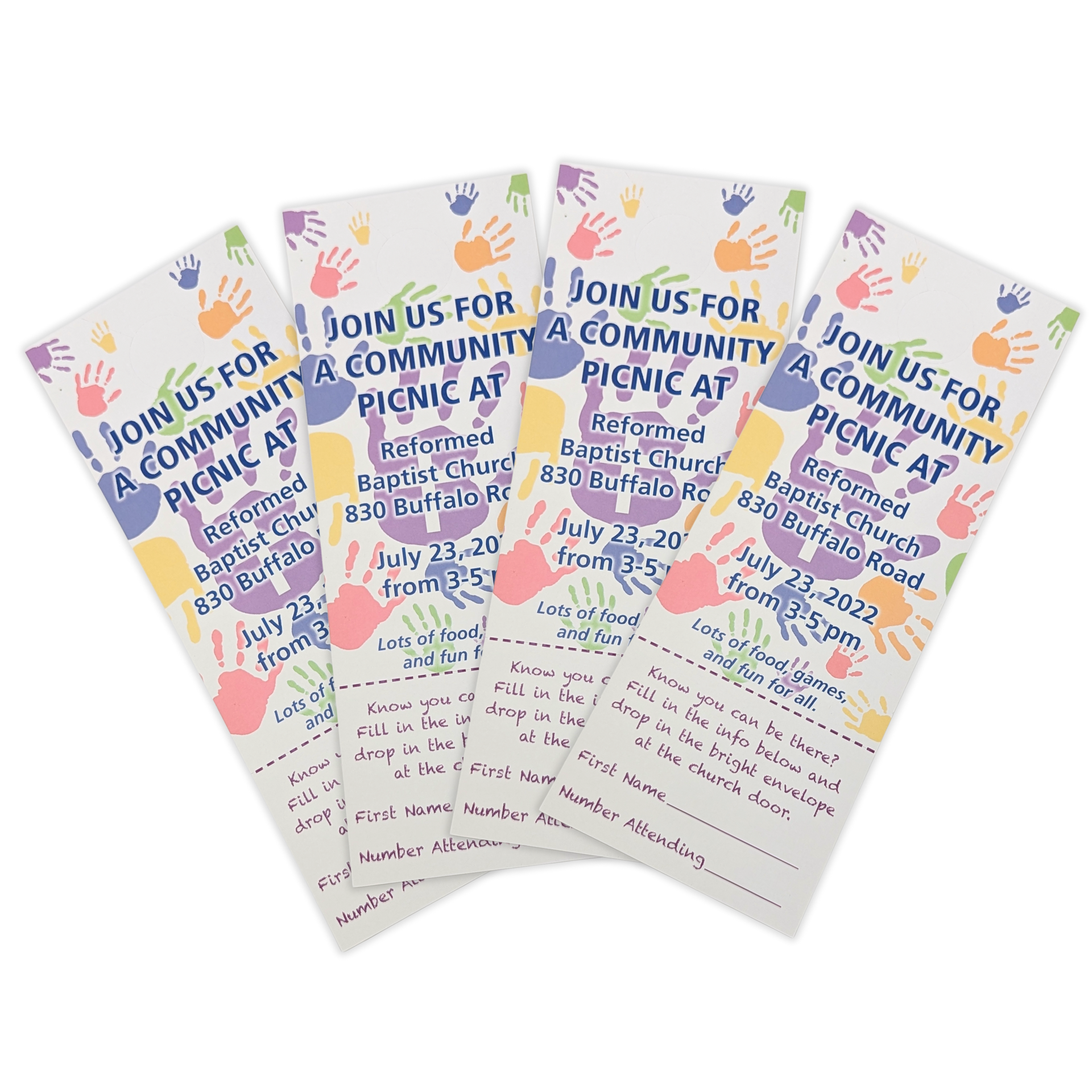 Four pamphlets that say join us for a community picnic by Press Enterprise Commercial Printing