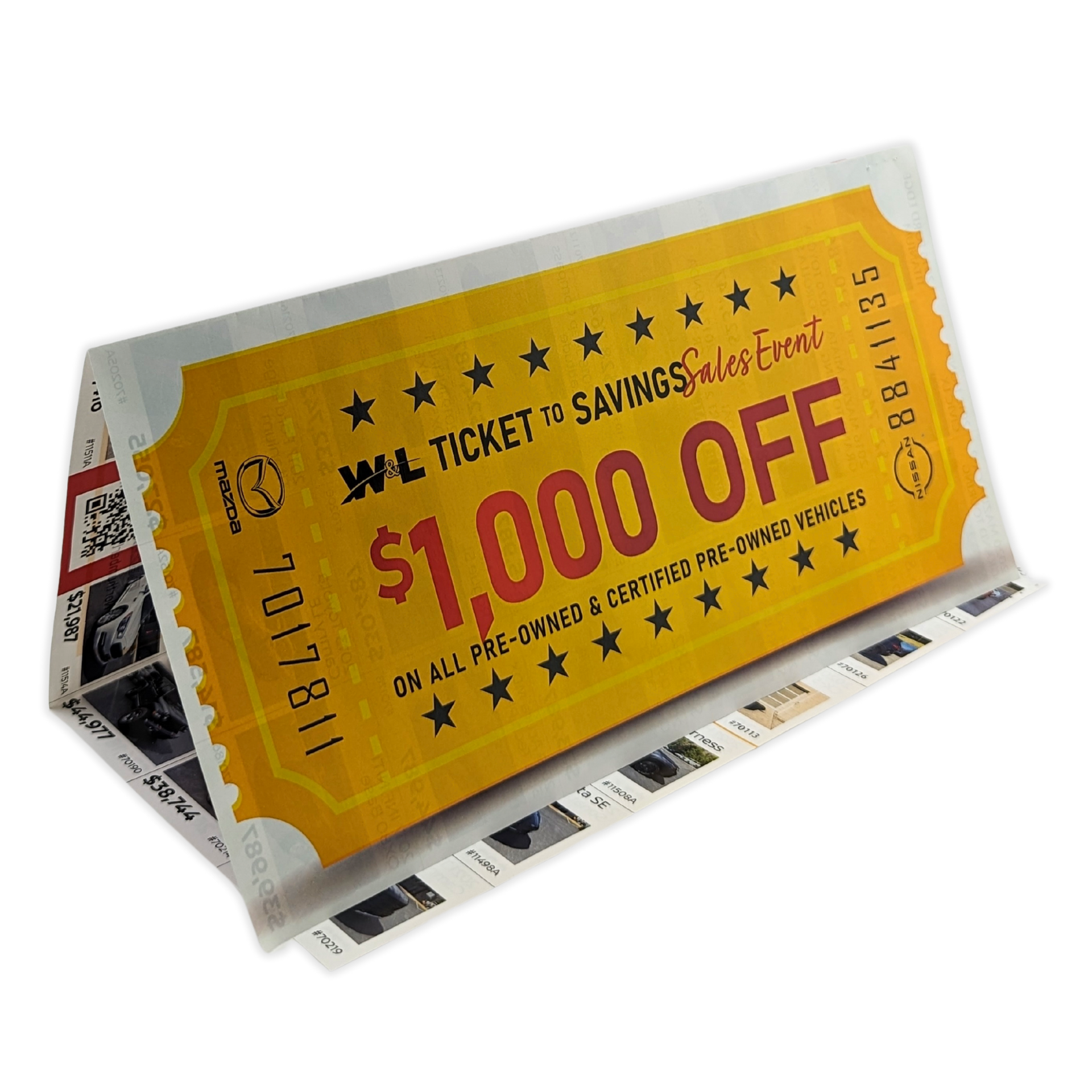 A yellow ticket that says trifold by Press Enterprise Commercial Printing