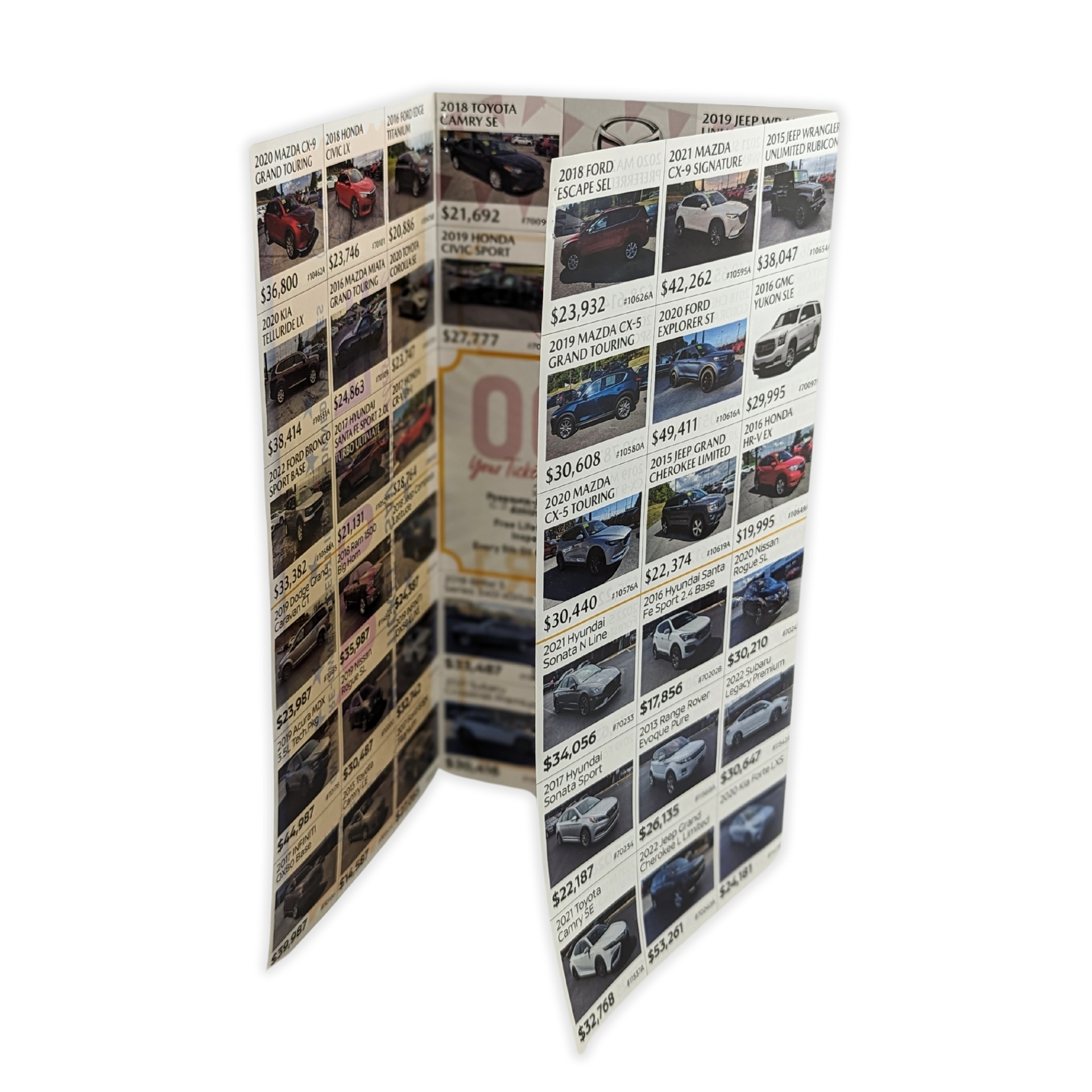 A folded brochure with a lot of cars on it by Press Enterprise Commercial Printing