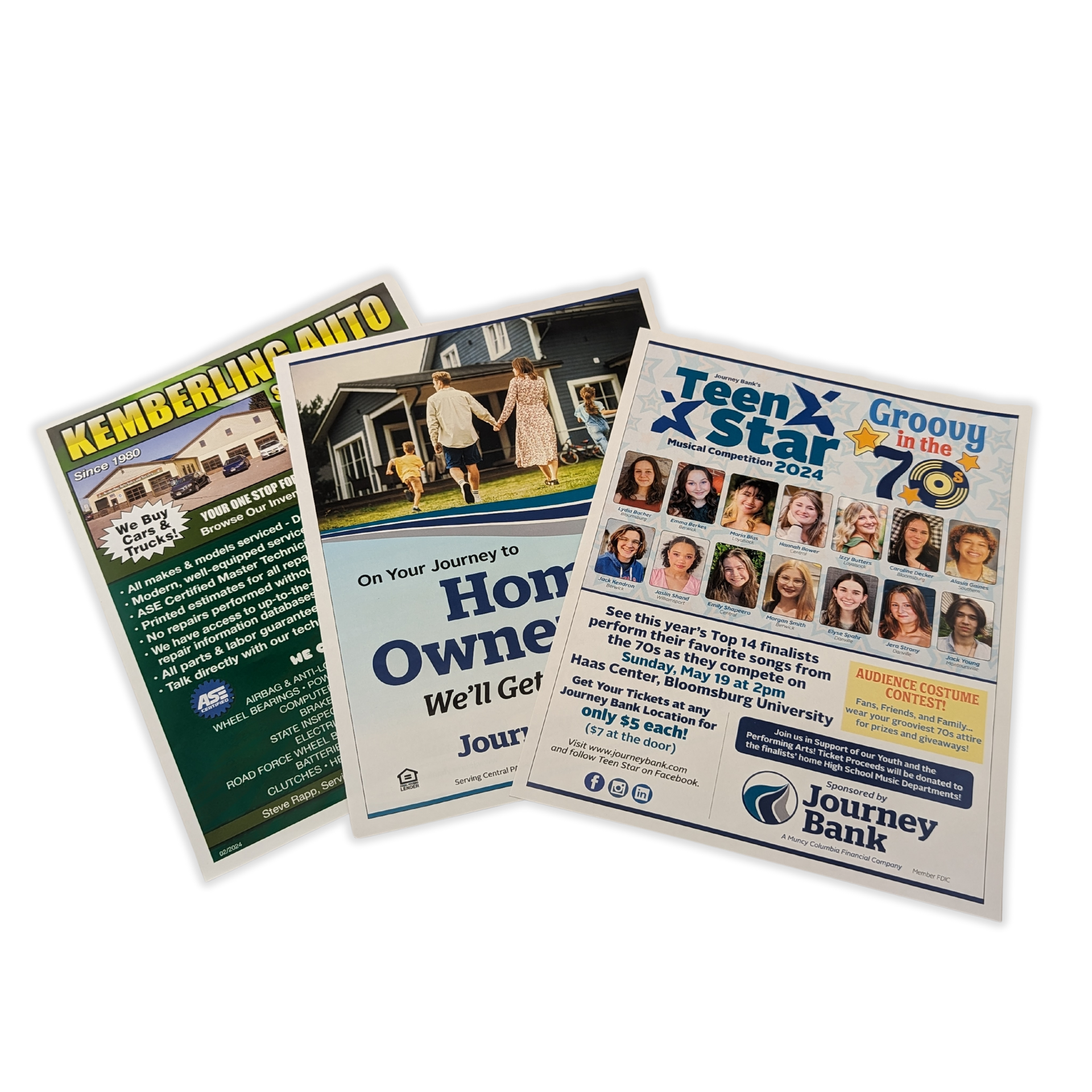 Three flyers are stacked on top of each other on a white background by Press Enterprise Commercial Printing
