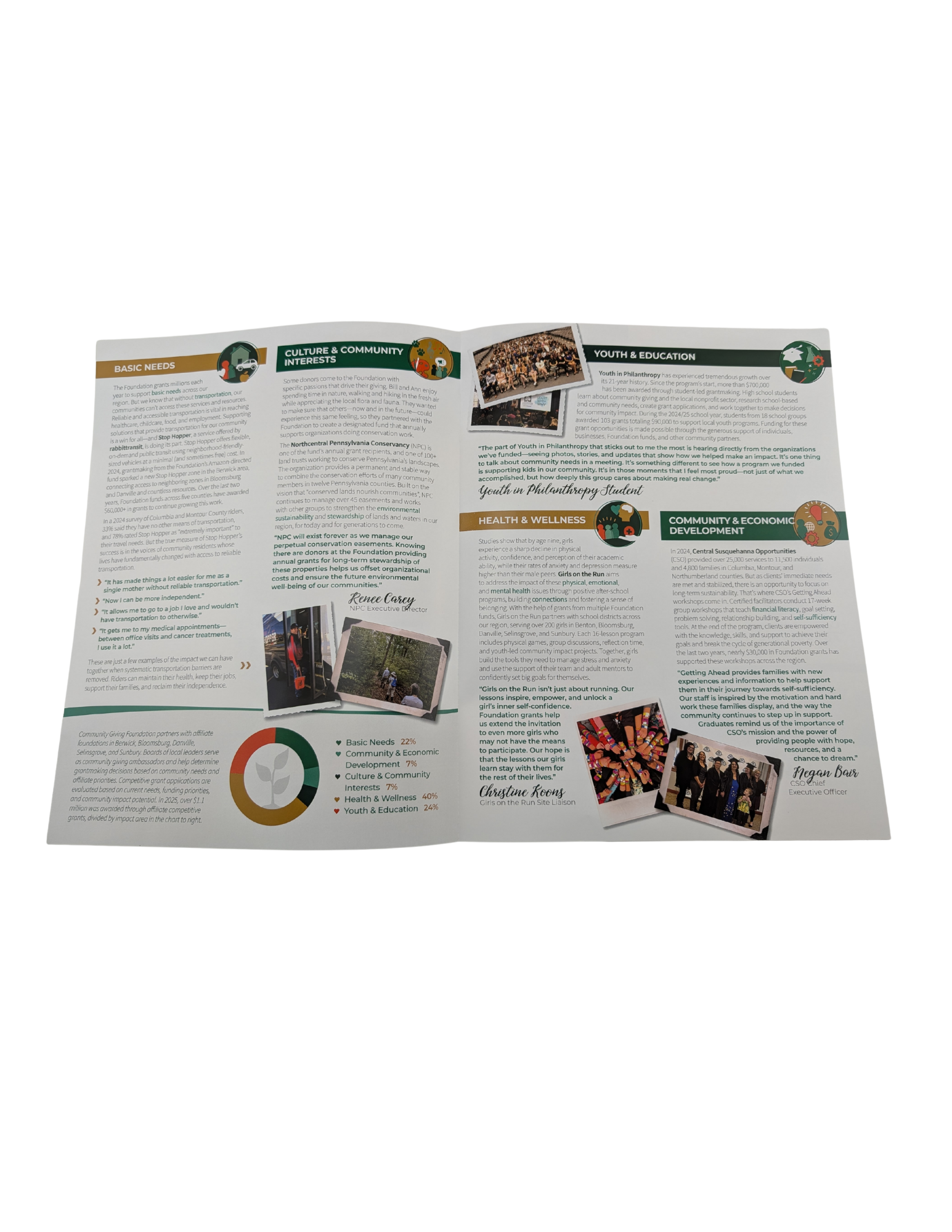 Brochure open, featuring text, photos, and graphic elements.