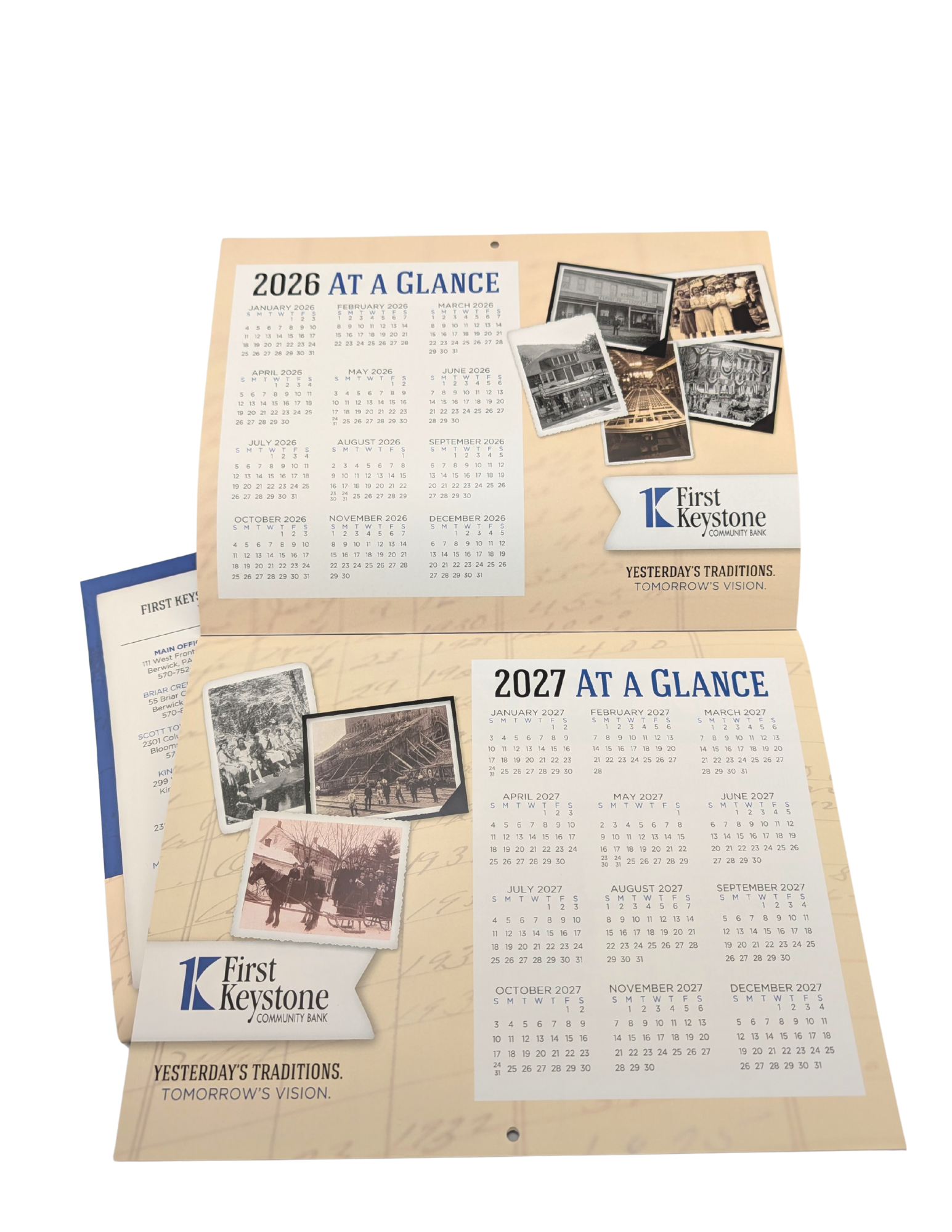 Desk calendars for 2026 and 2027 with photos and the 