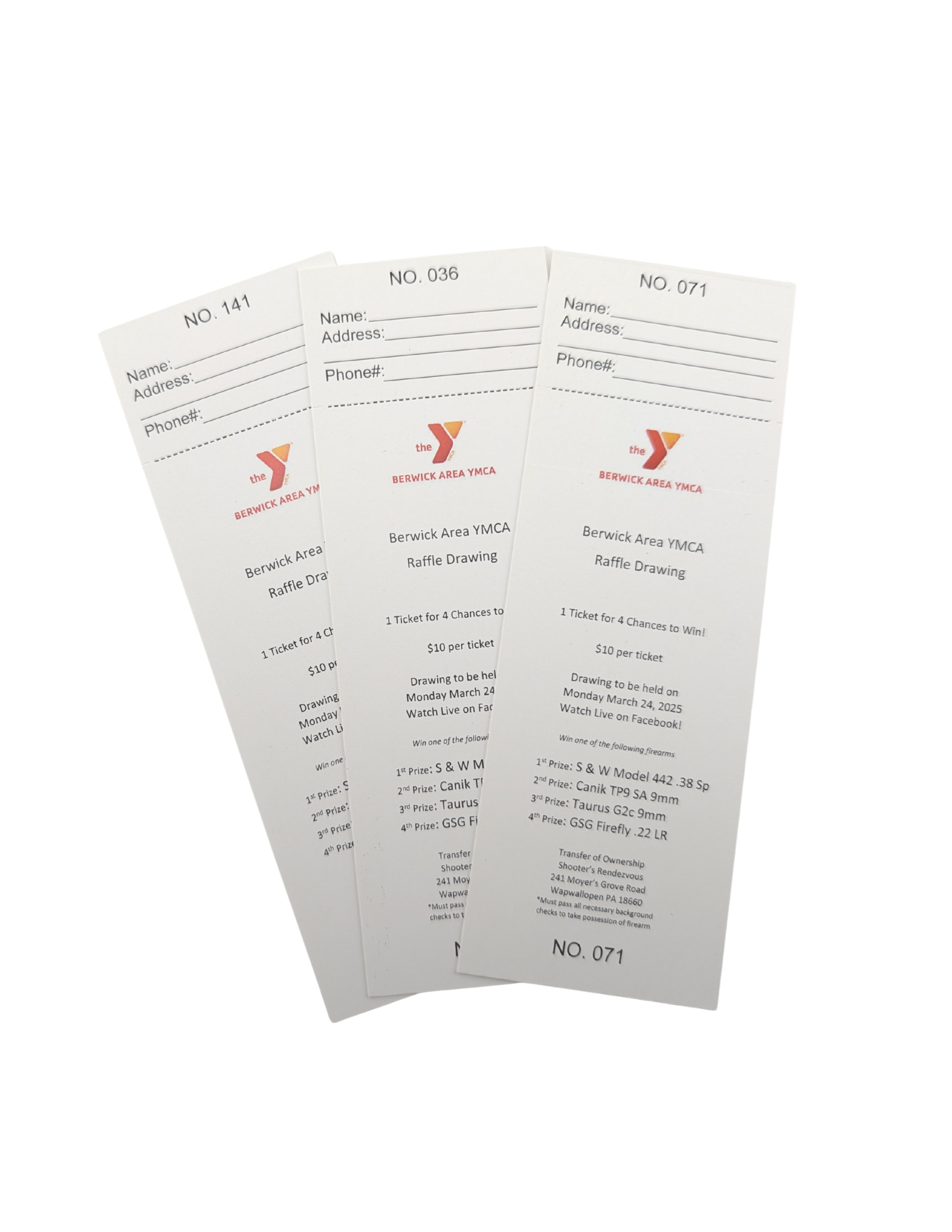 Three white YMCA tickets, each with text and a logo, fanned out against a white background.