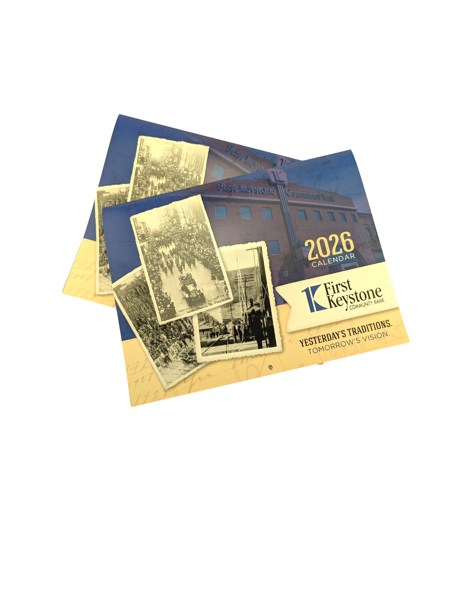 Two blue and tan promotional flyers with vintage photos and building, 