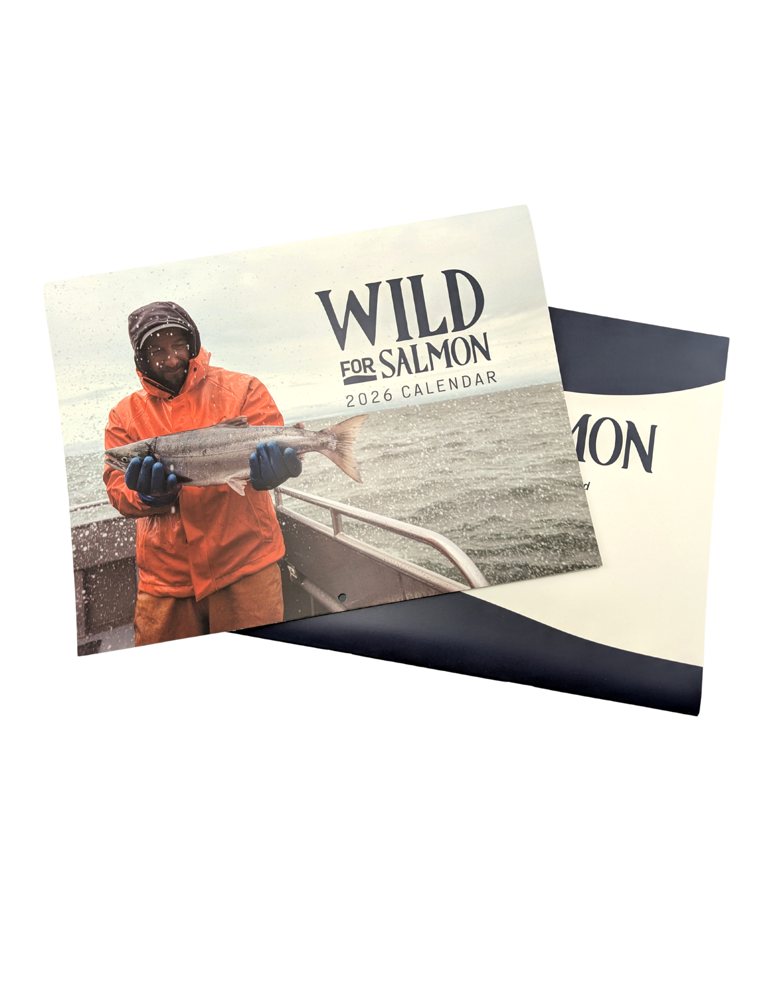 Fisherman holding a wild salmon on a boat. Text on card: 