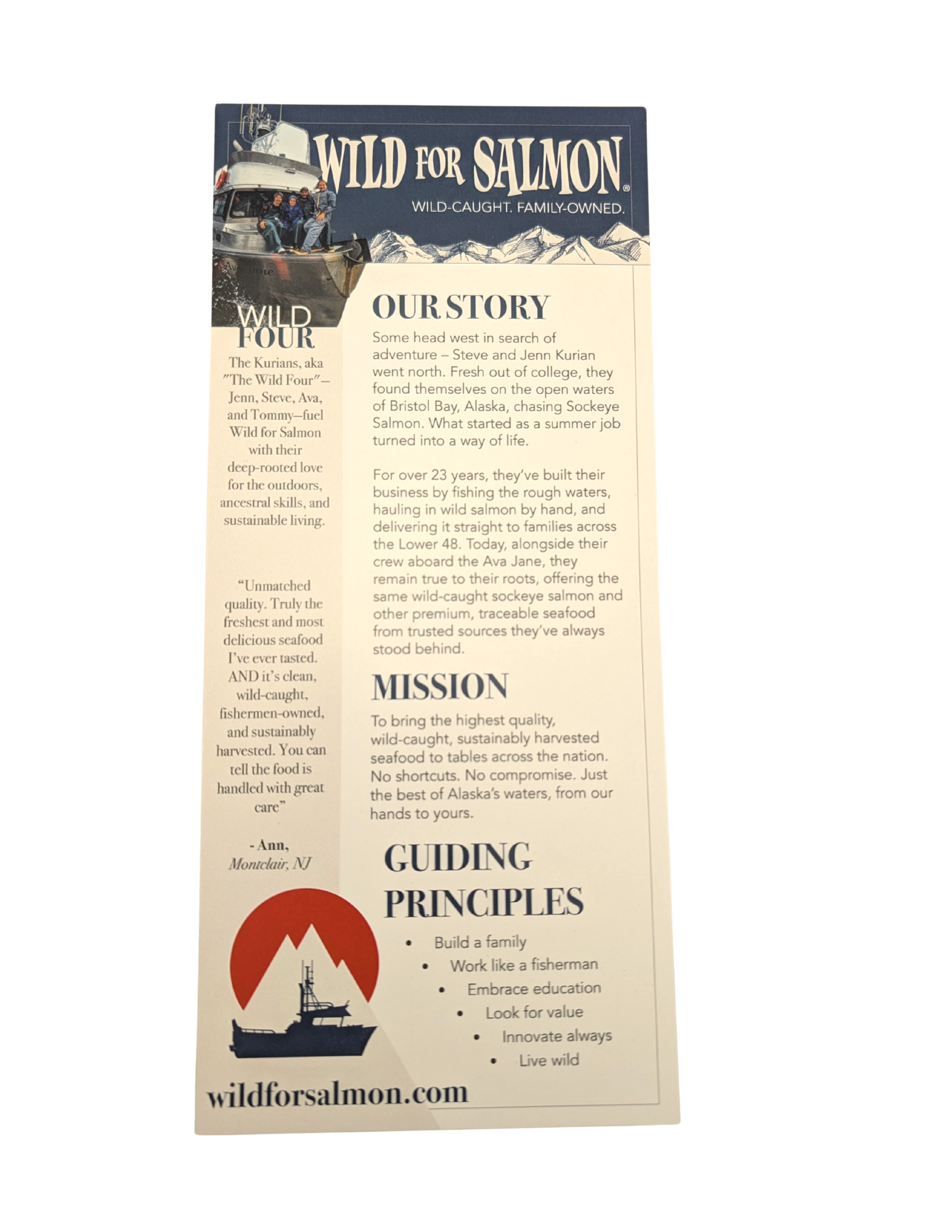 Brochure for Wild For Salmon, with text about their story, mission, and guiding principles.