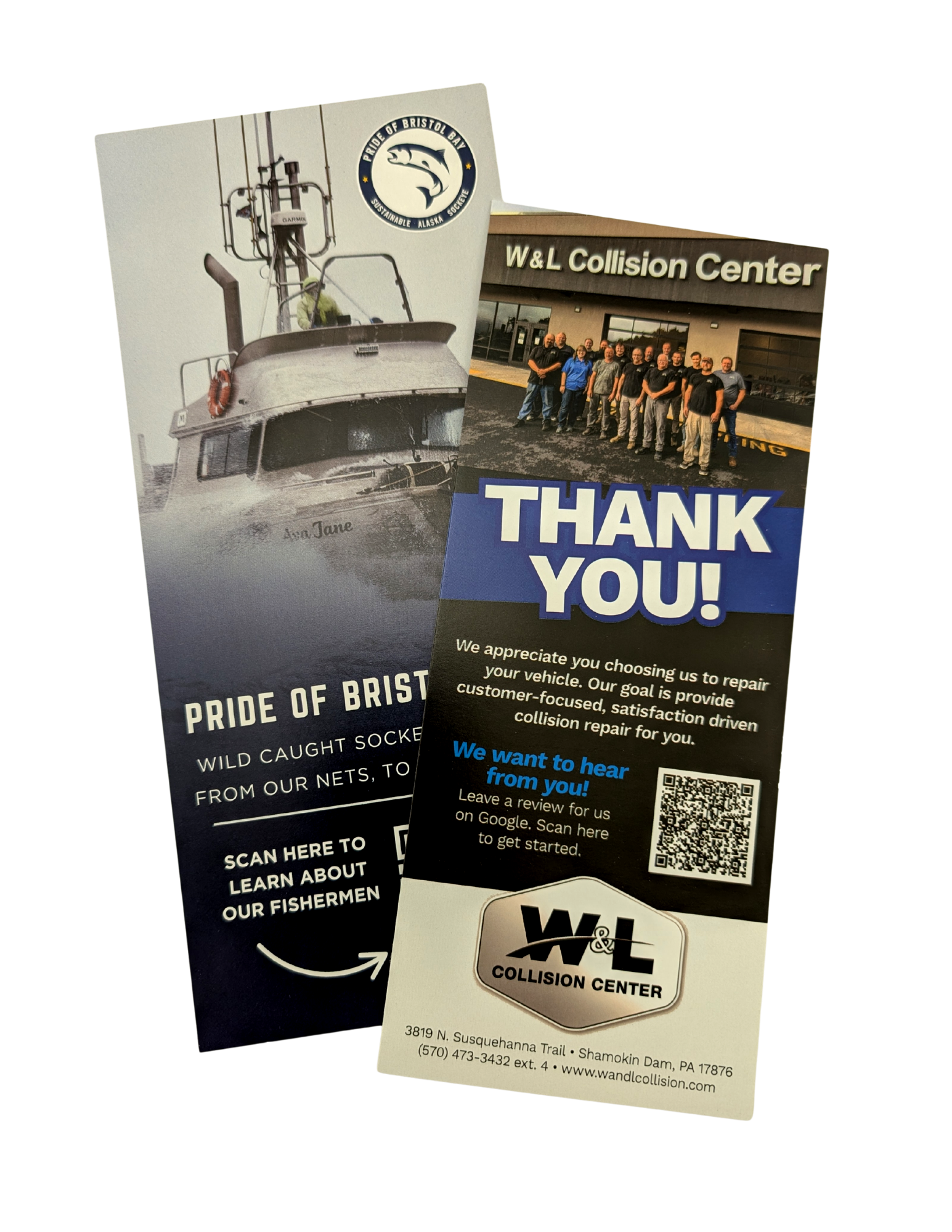 Two vertical brochures: one with a boat and 