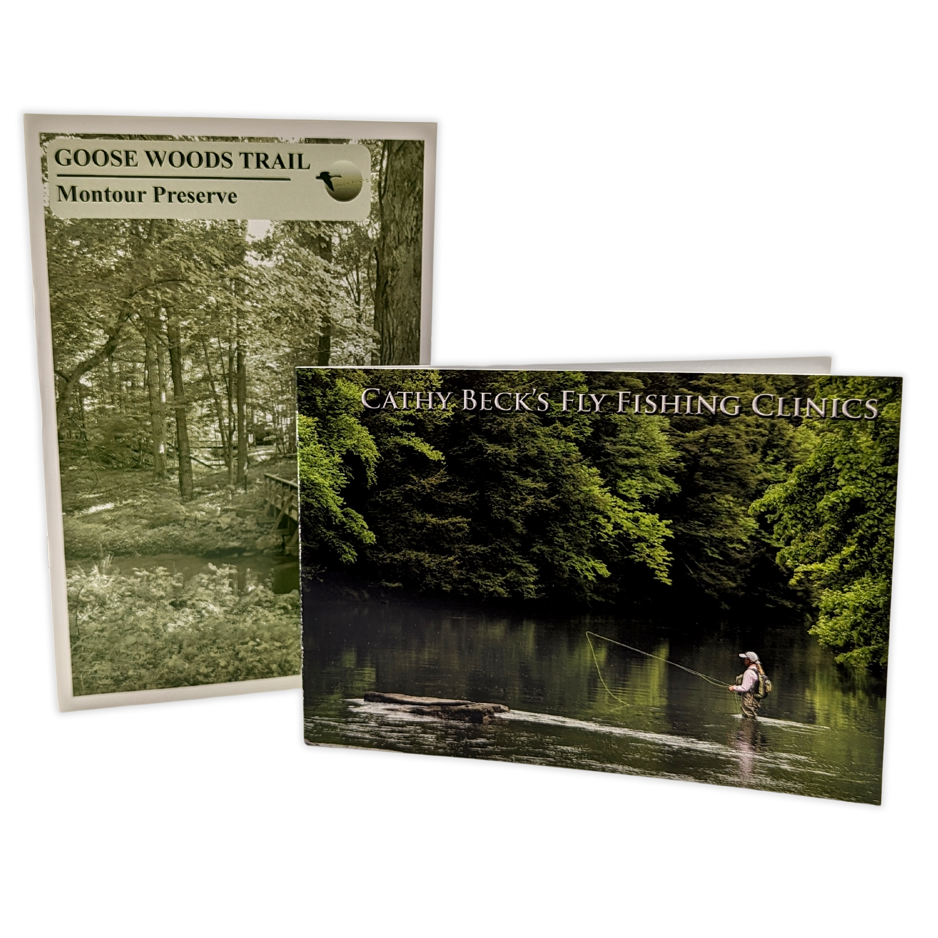 A book titled goose woods trail and a book titled willy beck 's fly fishing clinics by Press Enterprise Commercial Printing