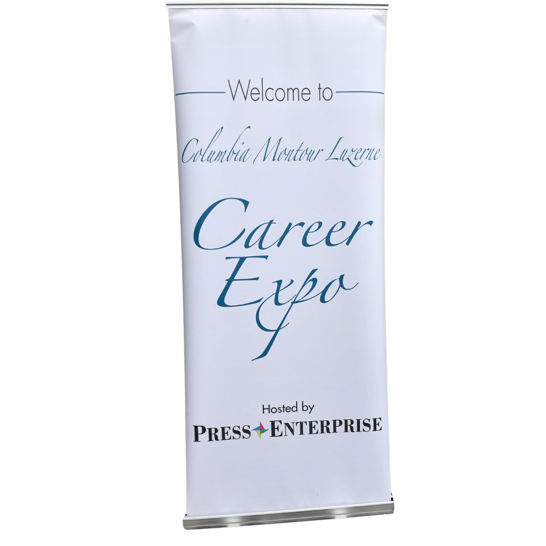 A white banner that says welcome to the career expo