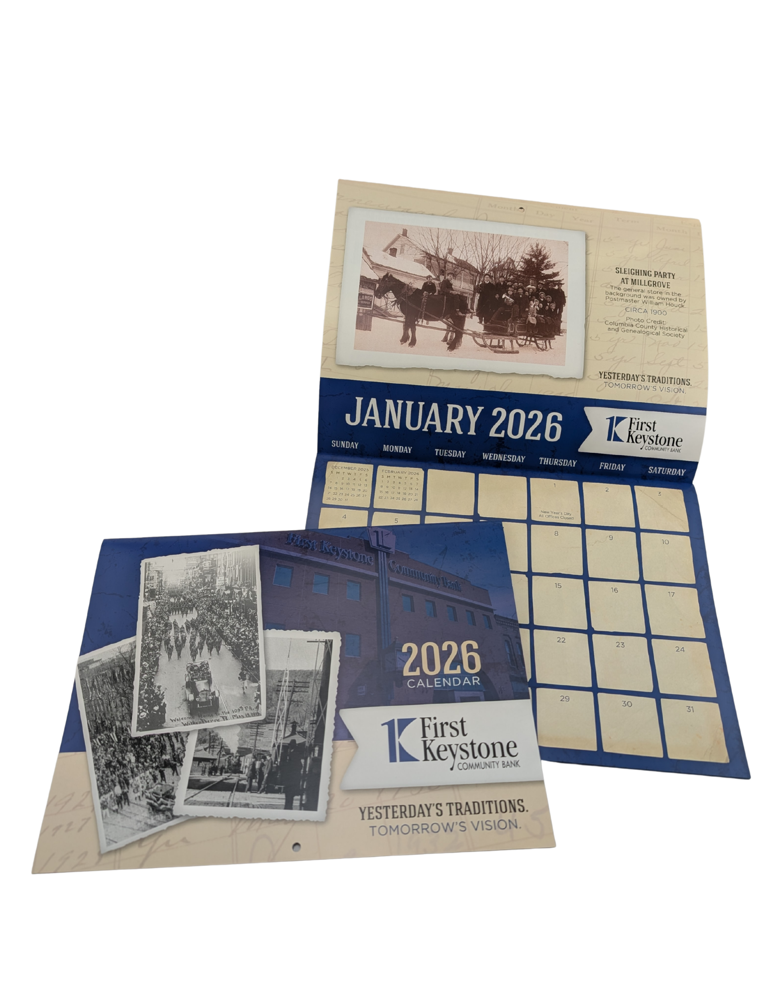 A 2026 calendar from First Keystone, featuring vintage photos and a dark blue theme.